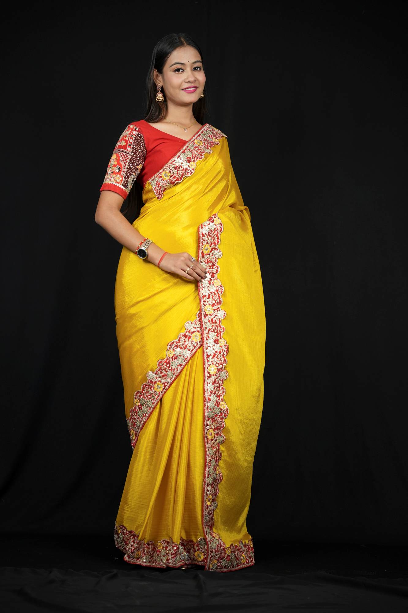 Chinon Silk with Red Border and Bandhej border with Gota Patti Ready To Wear Saree