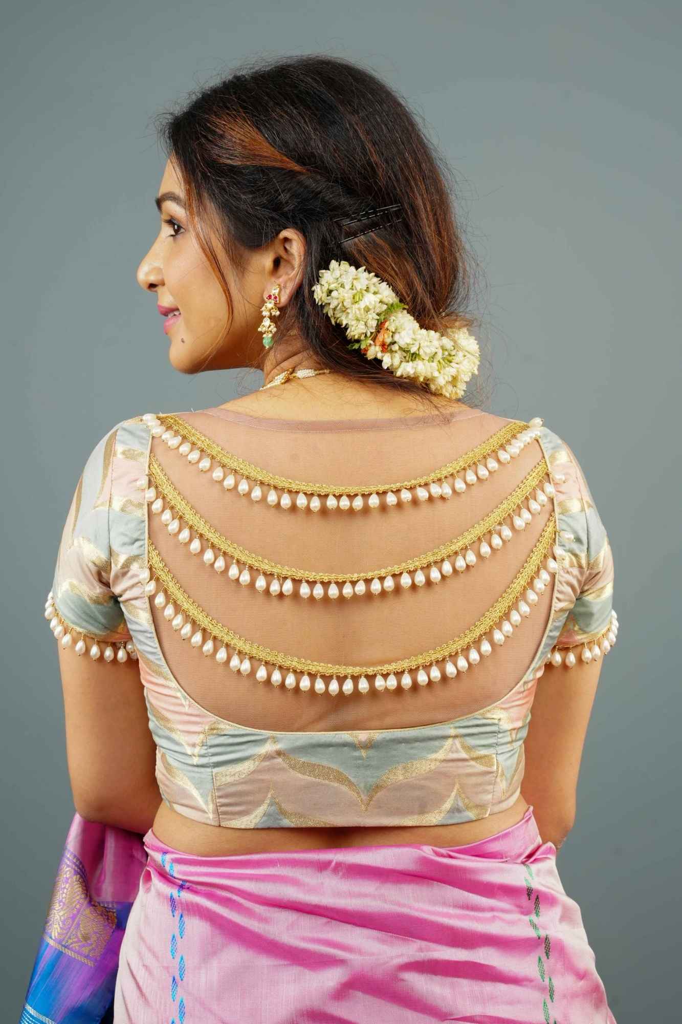 Banarasi Blouse in Gray Pink rangkaat designin pastel hues with beaded back detailing, Customizable, Made to Order