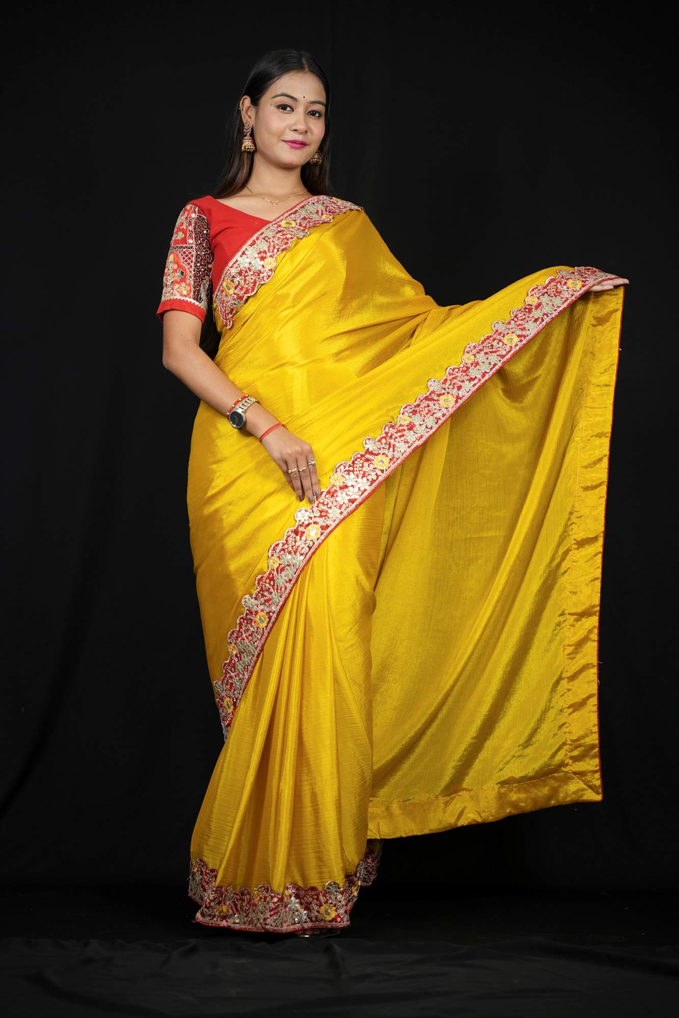 Chinon Silk with Red Border and Bandhej border with Gota Patti Ready To Wear Saree