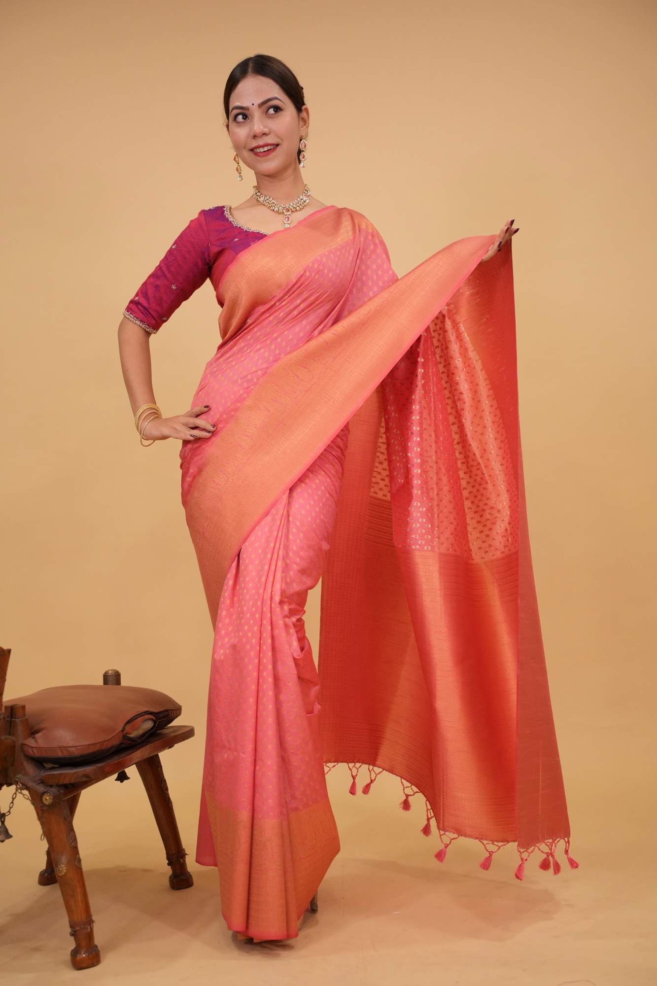 Gorgeous Festive Wedding Look Banarasi with Zari weaving Dense woven Border Ready to Wear Saree