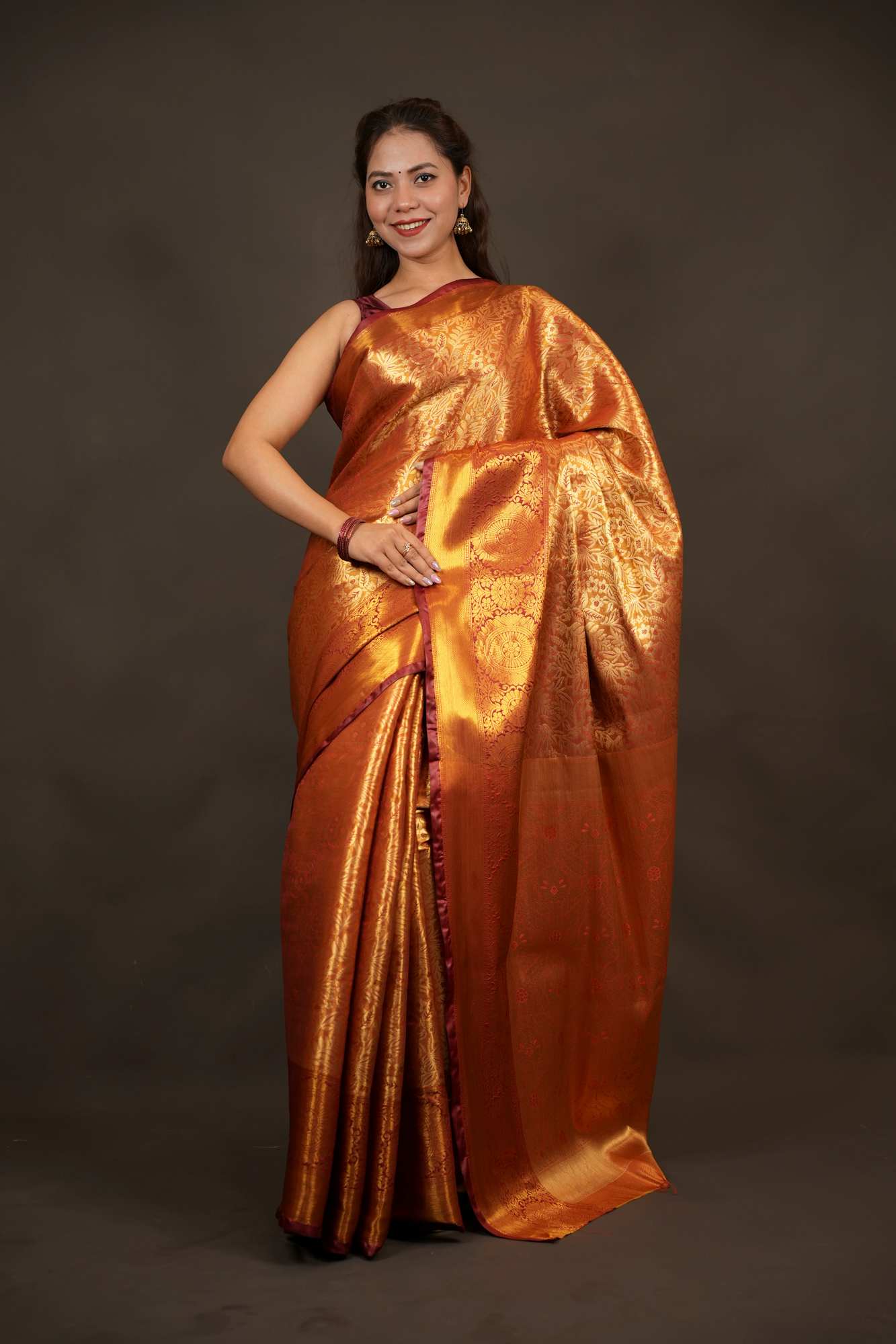 Kanjivaram Burnt Copper Gold with Intricate Zari Weave Ready to wear Saree