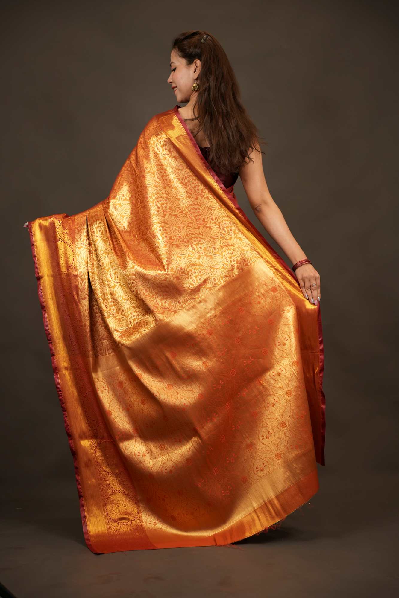 Kanjivaram Burnt Copper Gold with Intricate Zari Weave Ready to wear Saree