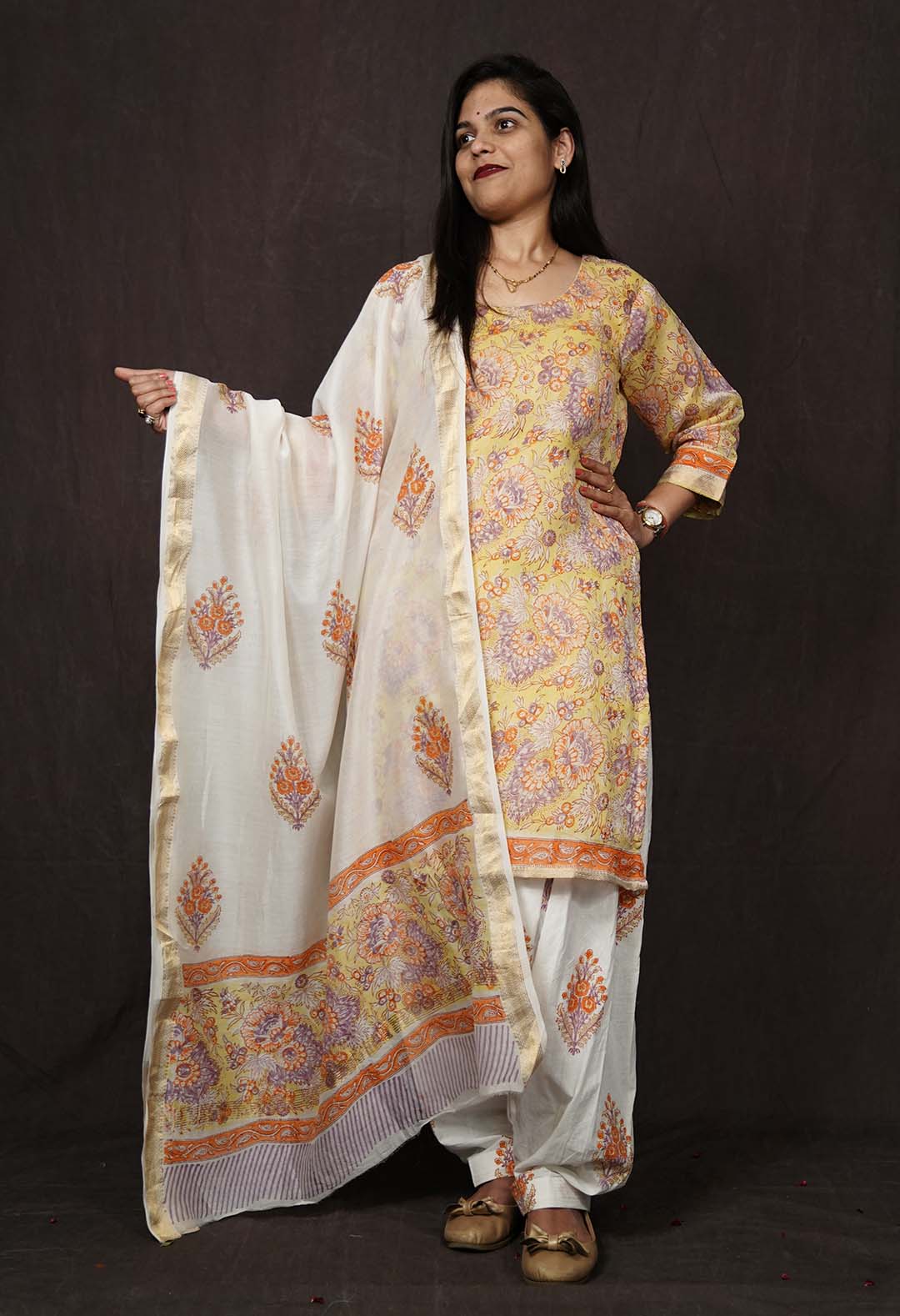 Soft Cotton Yellow Printed With Block Printed Dupatta & Ready to wear Salwar-Kameez