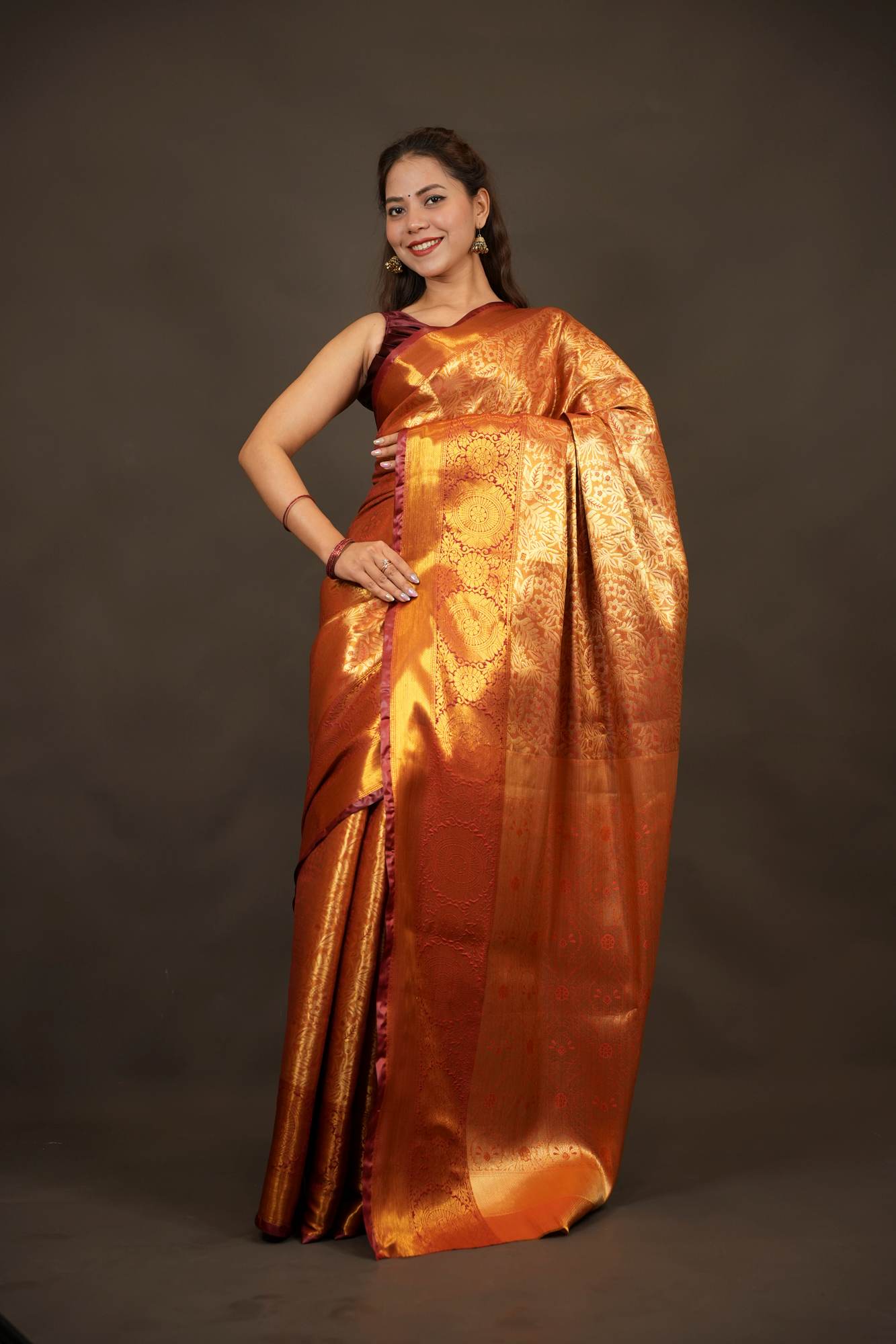Kanjivaram Burnt Copper Gold with Intricate Zari Weave Ready to wear Saree