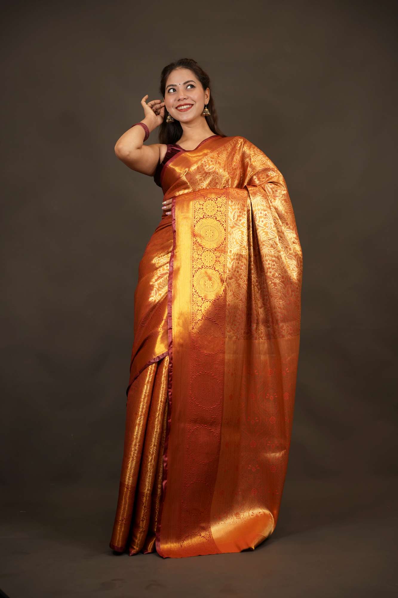 Kanjivaram Burnt Copper Gold with Intricate Zari Weave Ready to wear Saree
