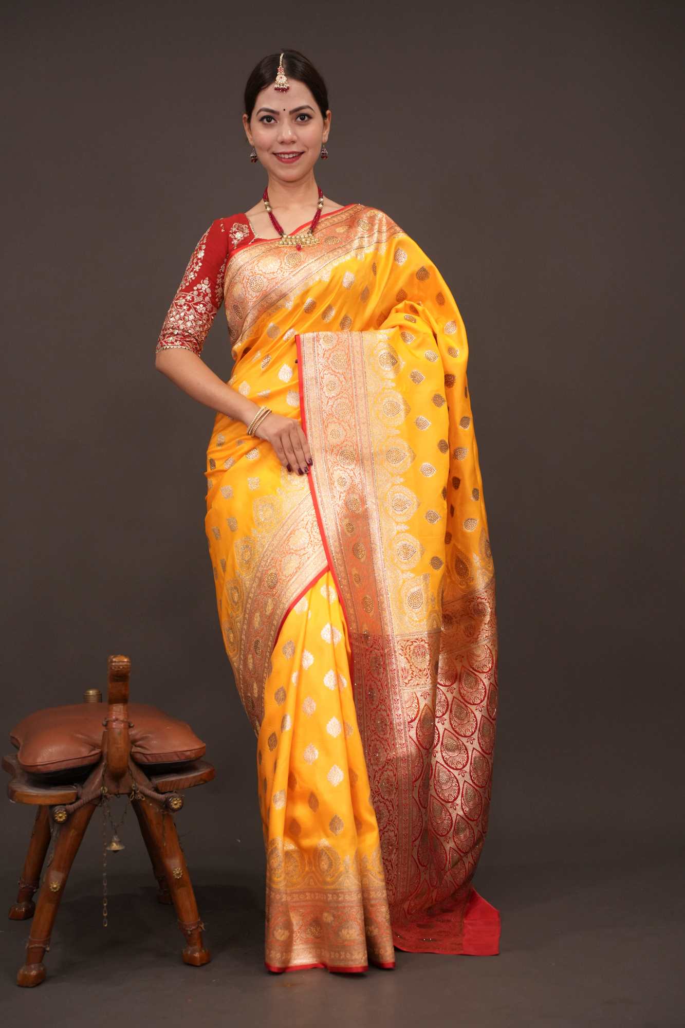 Golden Yellow Zari Woven Red Contrast Meenakari work Banarasi Pre Drape ready to wear saree