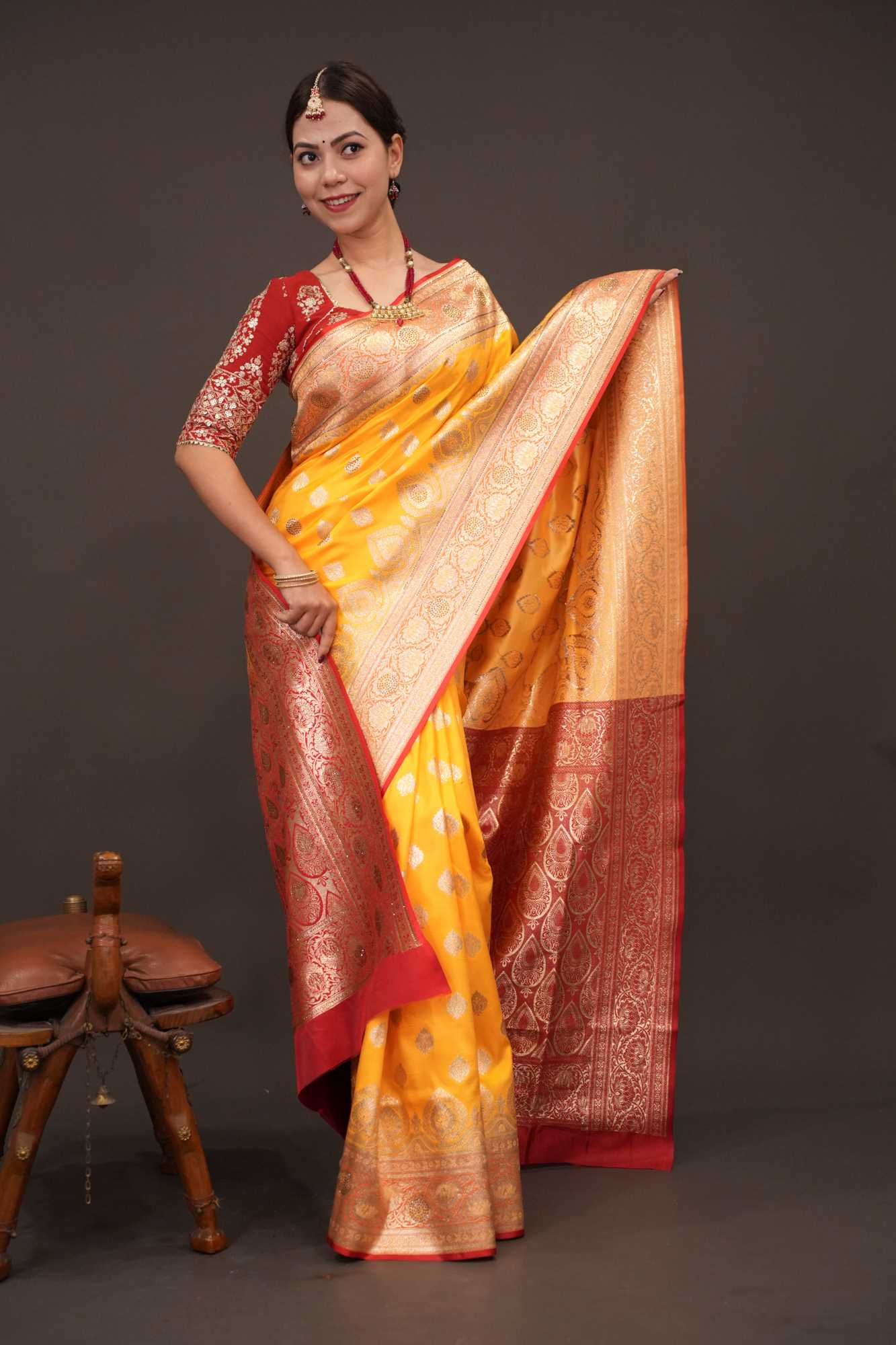 Golden Yellow Zari Woven Red Contrast Meenakari work Banarasi Pre Drape ready to wear saree