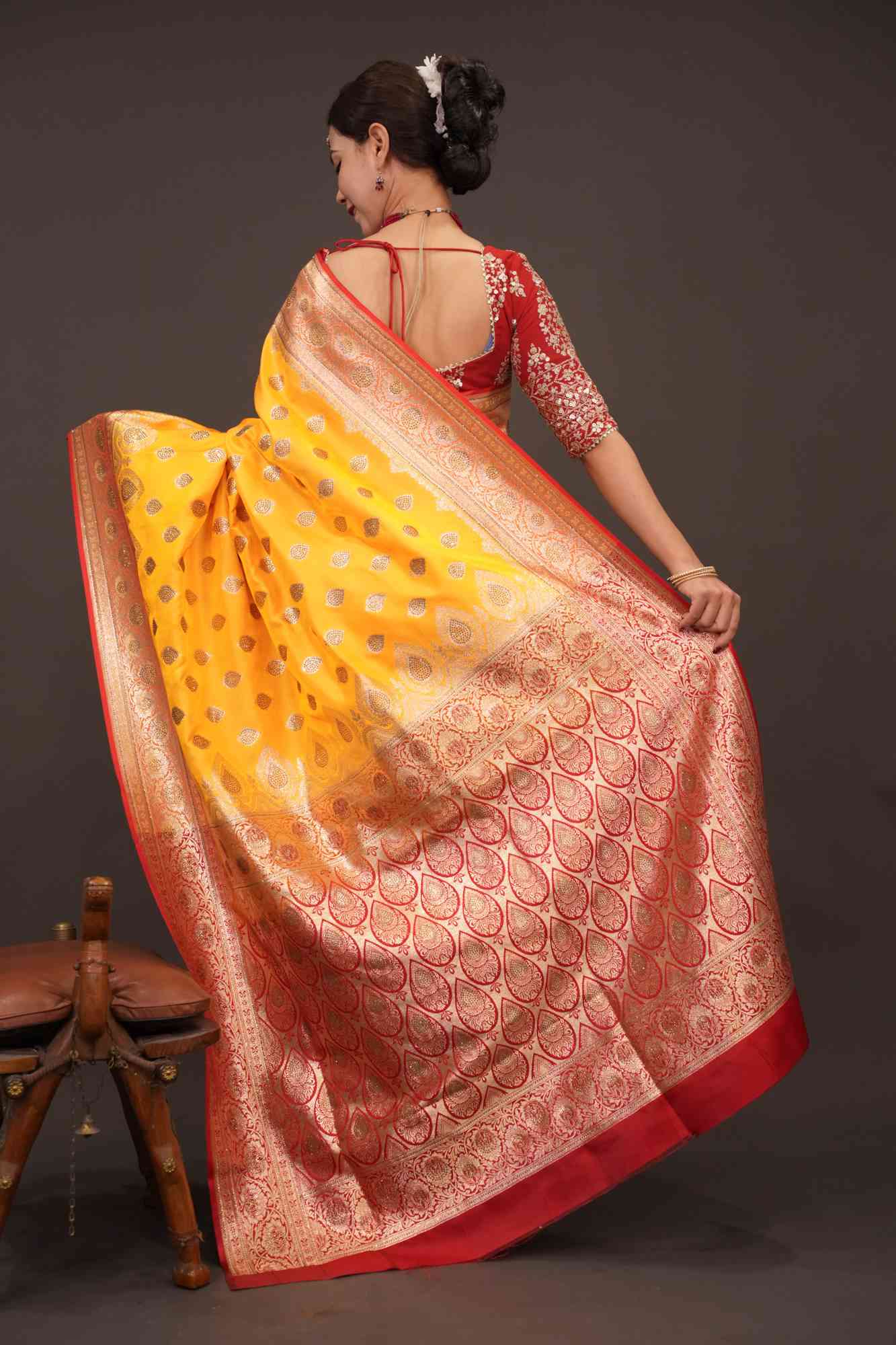 Golden Yellow Zari Woven Red Contrast Meenakari work Banarasi Pre Drape ready to wear saree