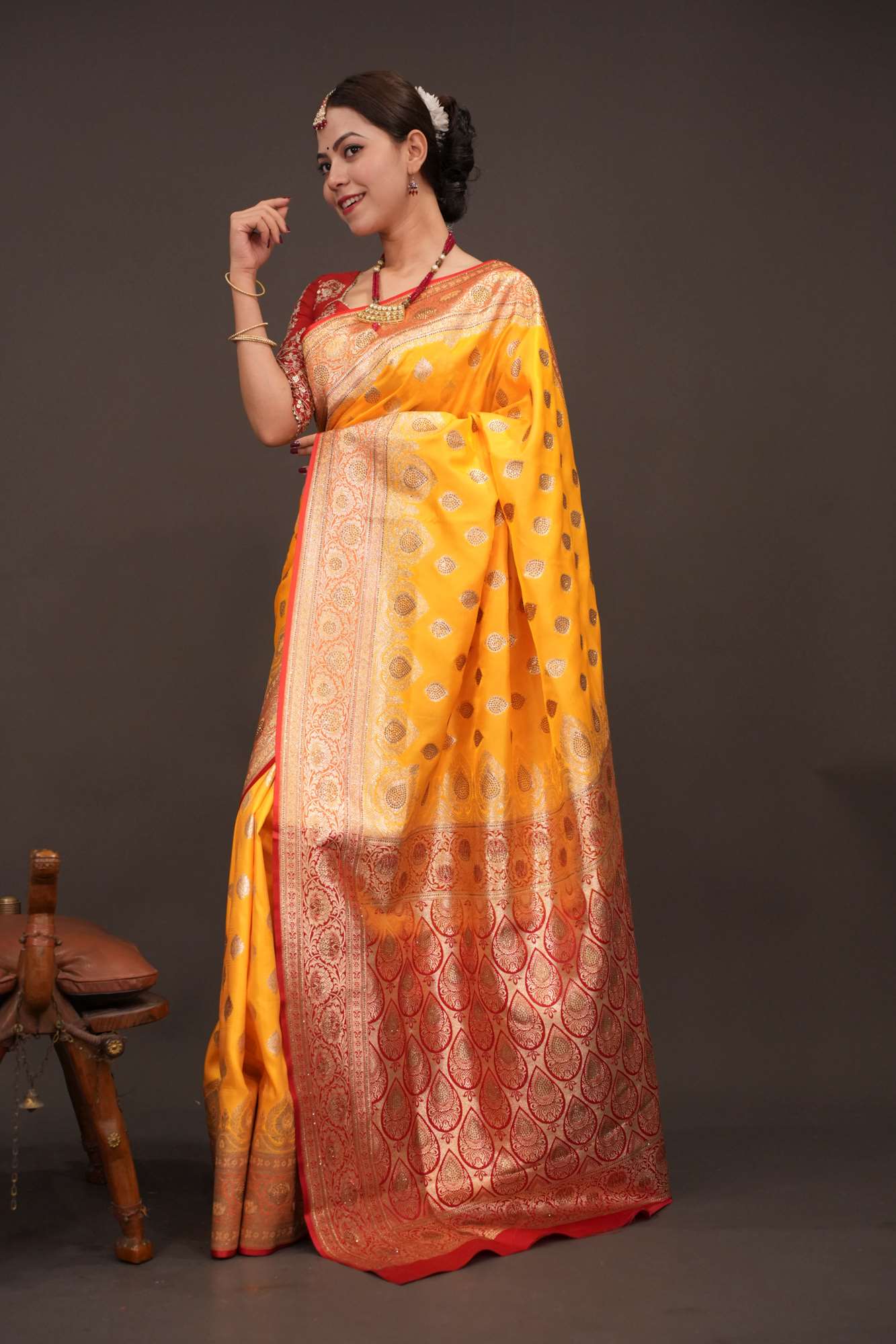 Golden Yellow Zari Woven Red Contrast Meenakari work Banarasi Pre Drape ready to wear saree