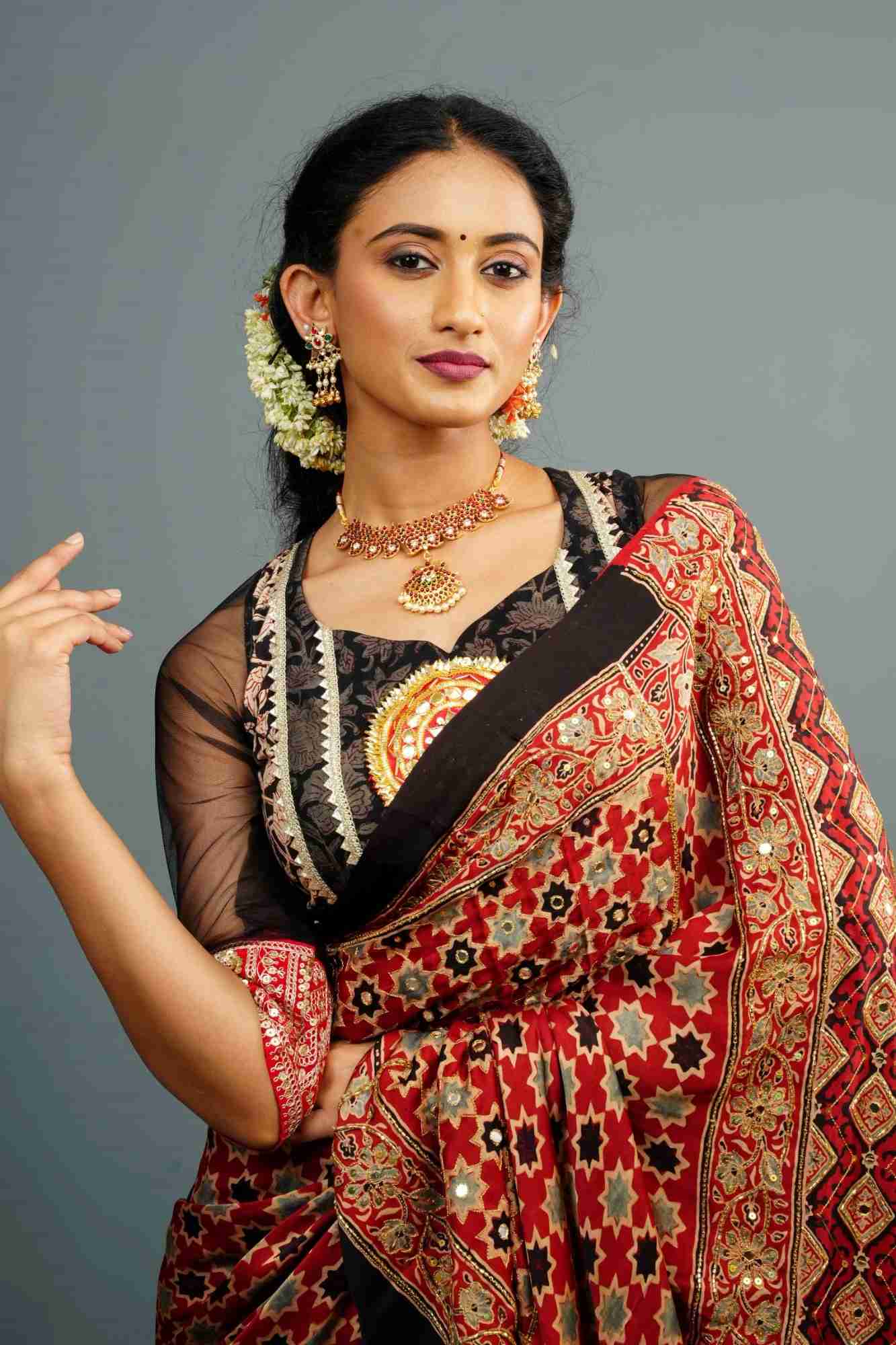 Koti Style Blouse in Black and red with Kalamkamkari Block Print, Net and Gota detailing and backless pattern, Customizable, Made to order!