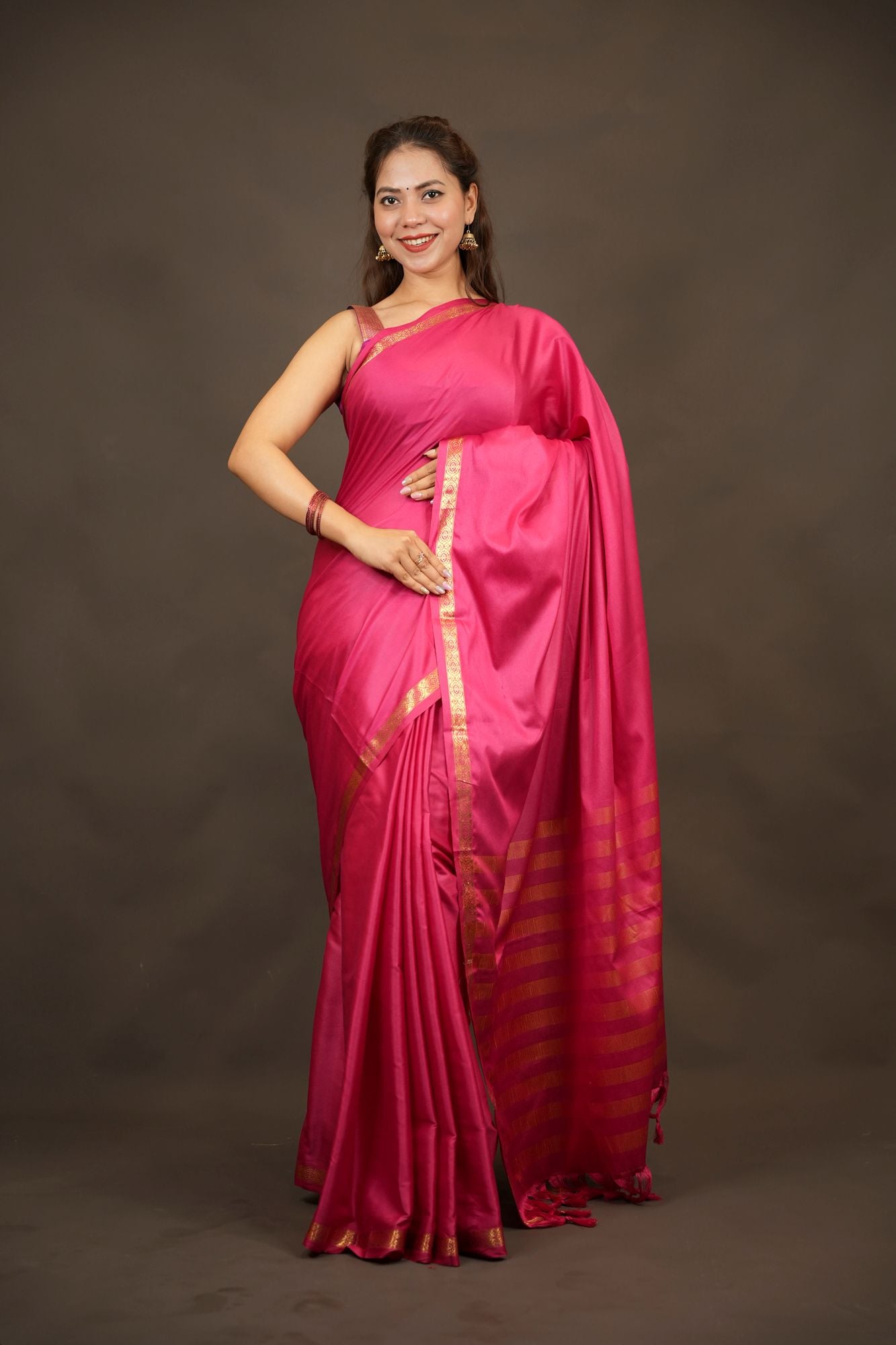Classic Mysore Silk with intricate thin woven border prestitched saree