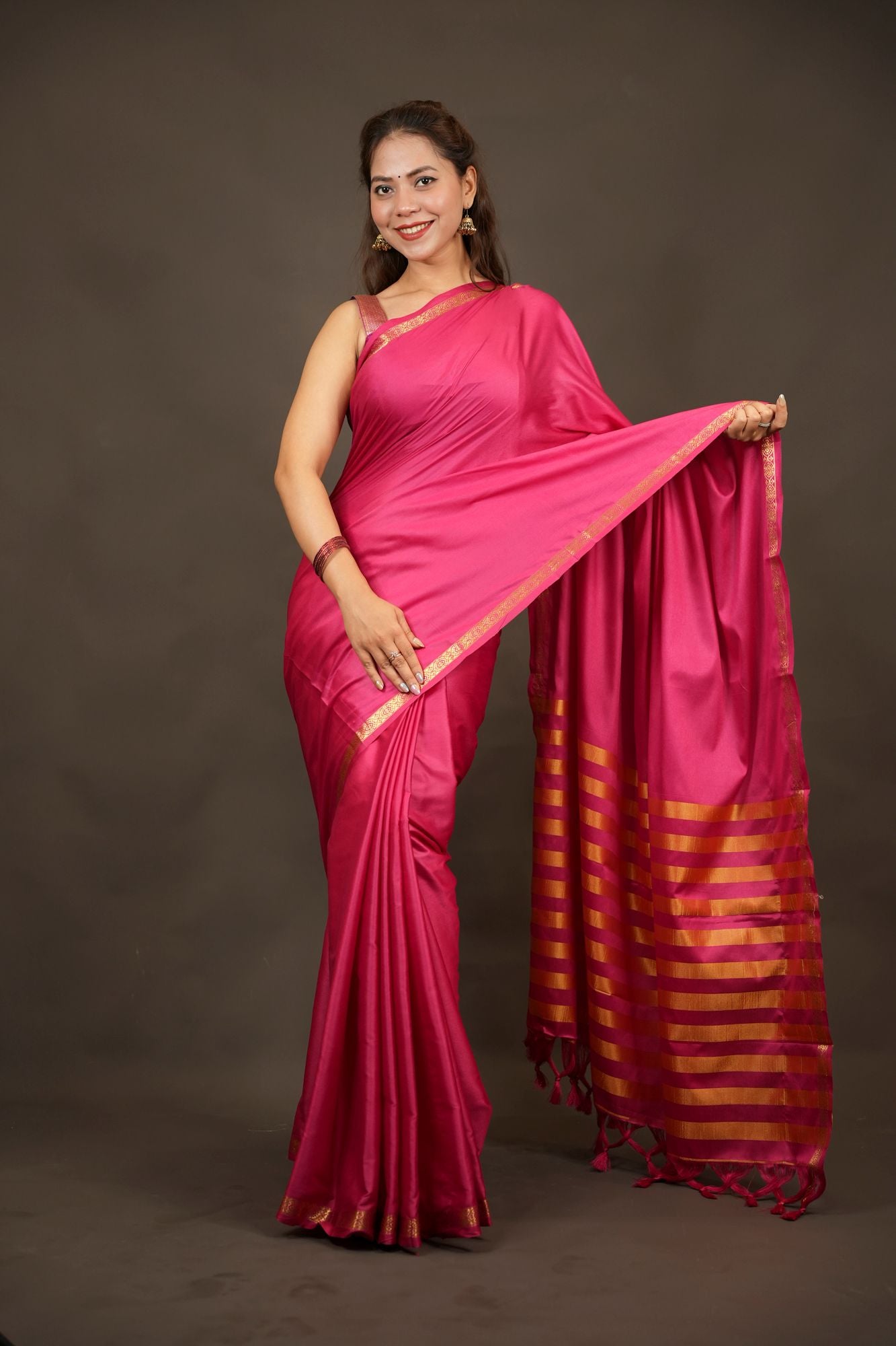 Classic Mysore Silk with intricate thin woven border prestitched saree