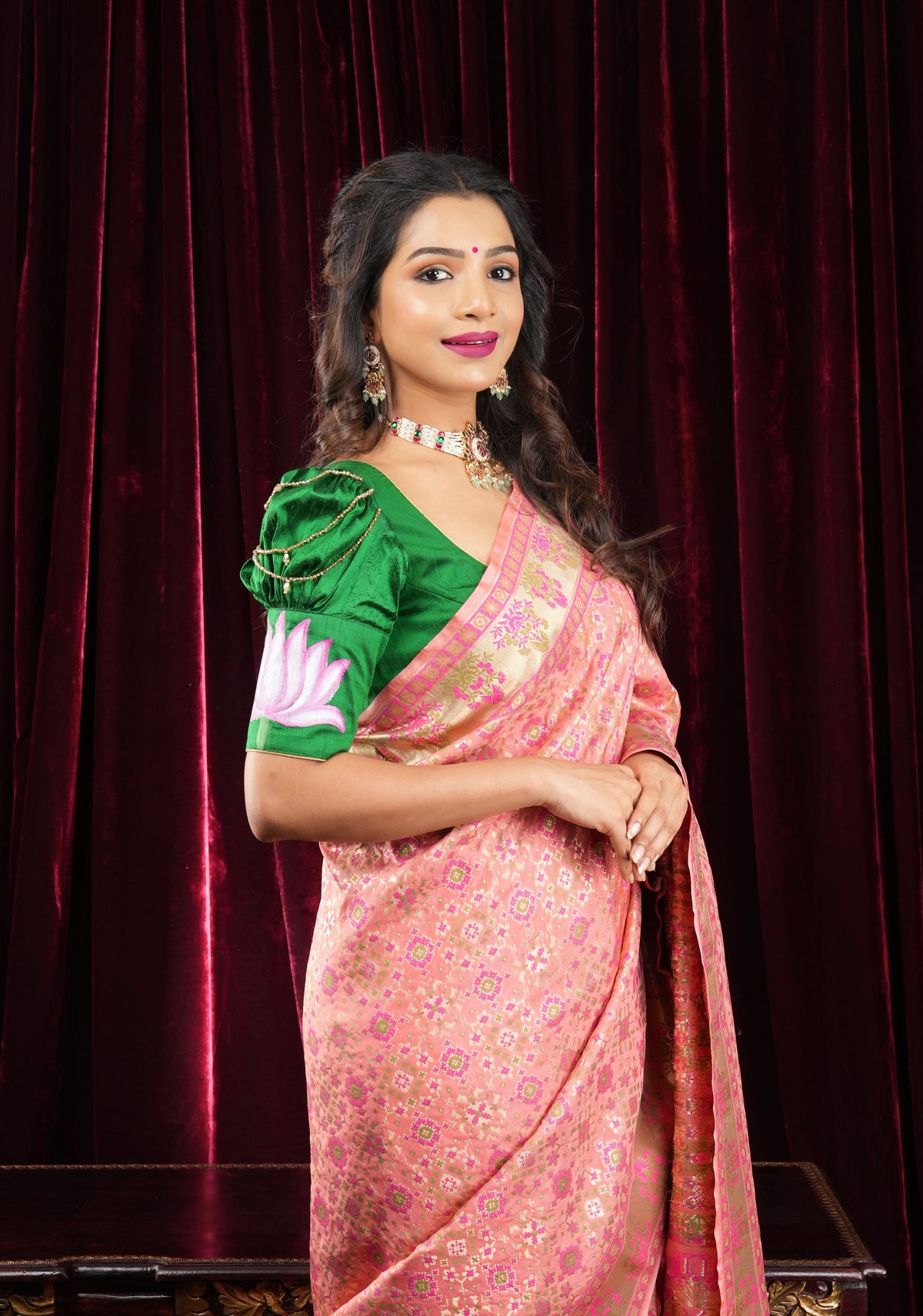Exquisite Coral Pink Semi Silk Saree with Patola Ikkat Meenakari Zari Border and Pallu | SHOBITAM