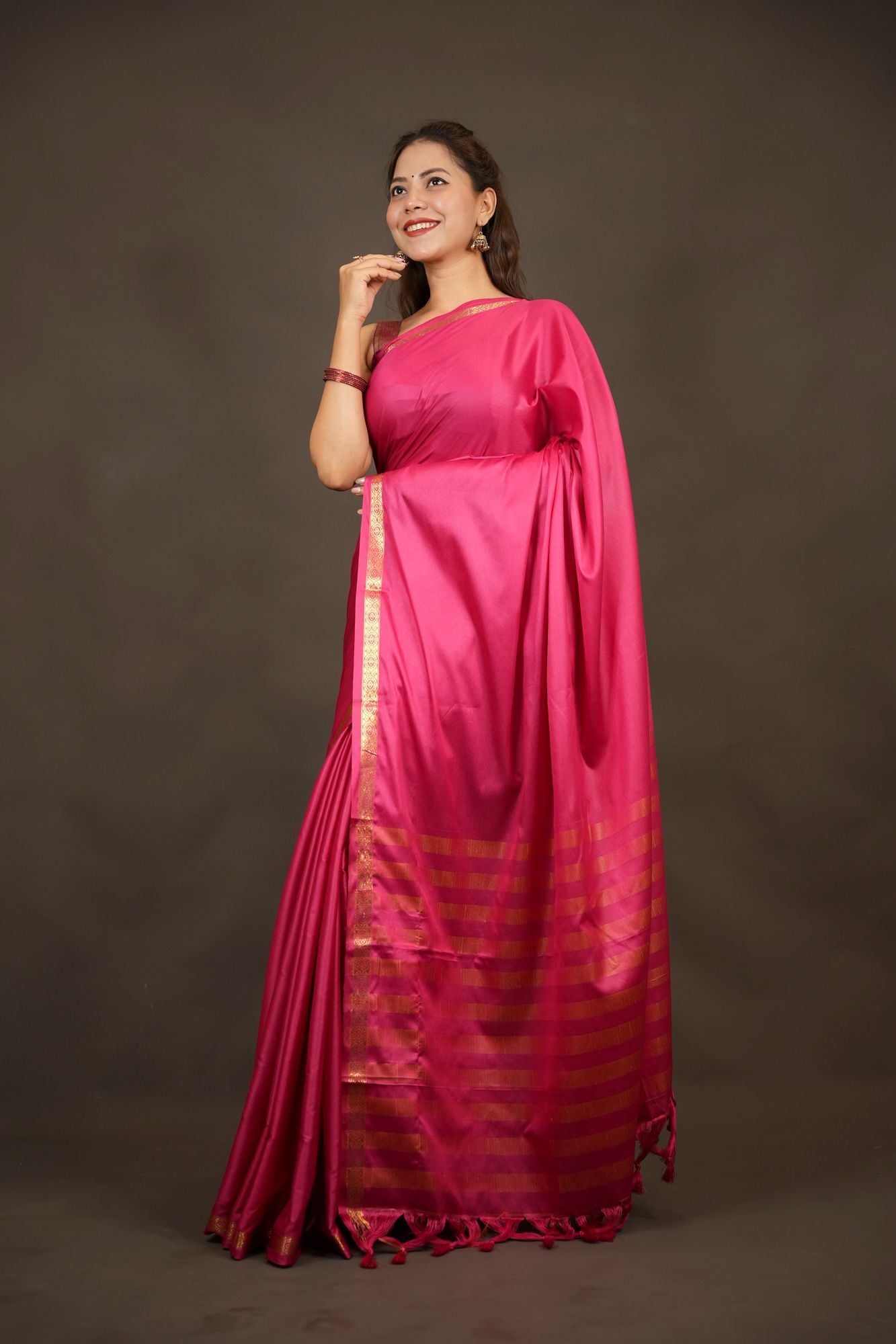 Classic Mysore Silk with intricate thin woven border prestitched saree