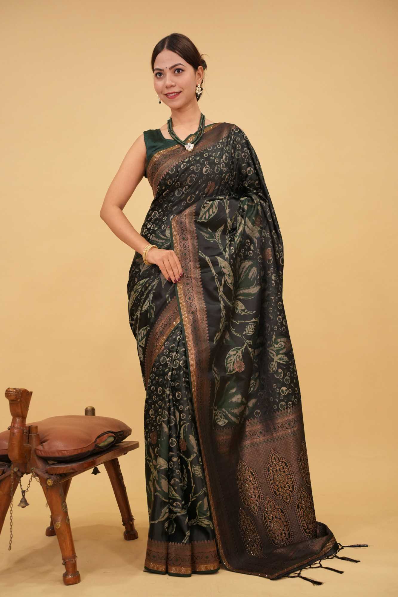 Kanchipuram Bottle Green Overall golden work With Zari Border & Pallu Stone Embellished Wrap in 1 minute saree