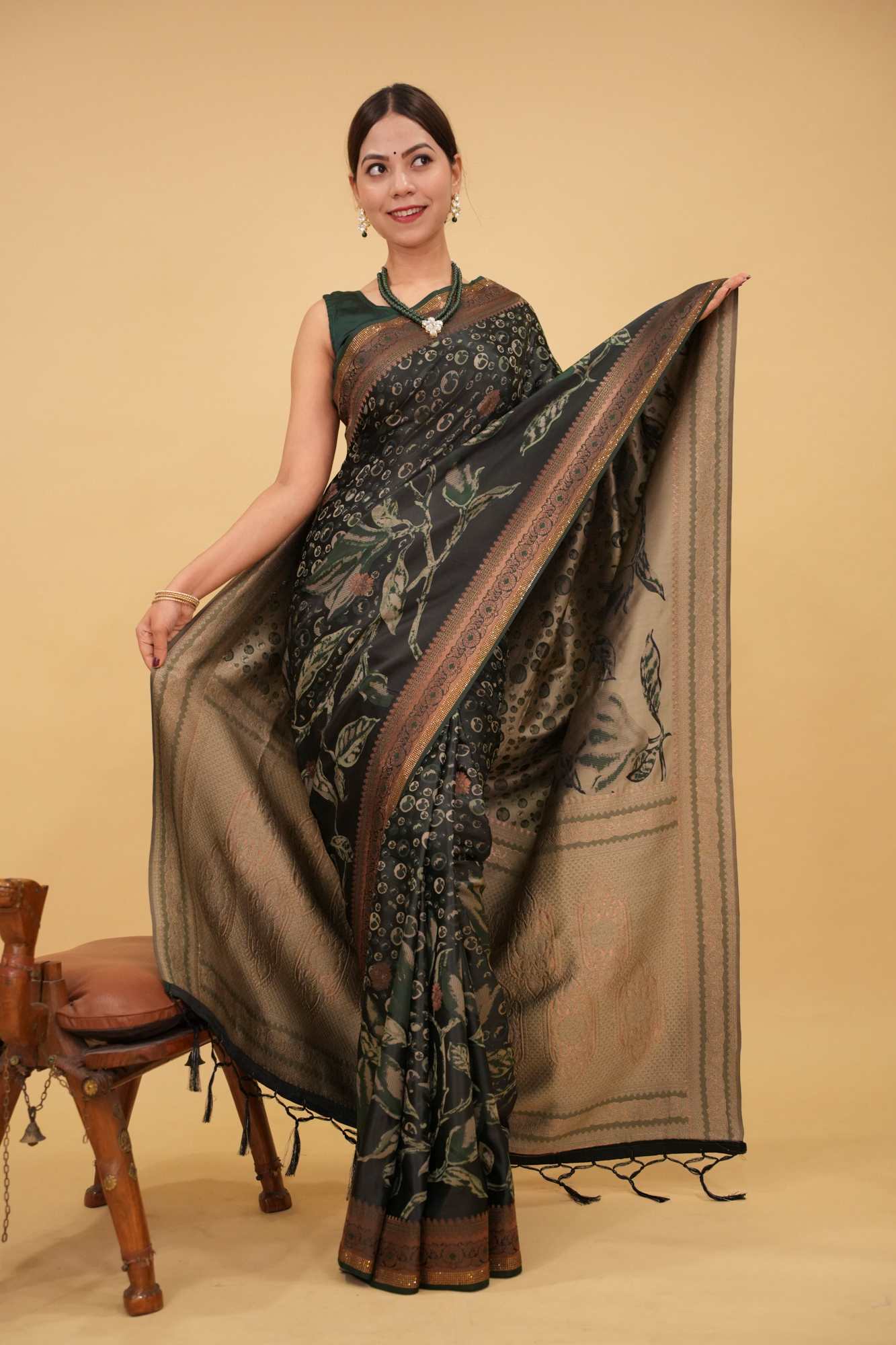 Kanchipuram Bottle Green Overall golden work With Zari Border & Pallu Stone Embellished Wrap in 1 minute saree