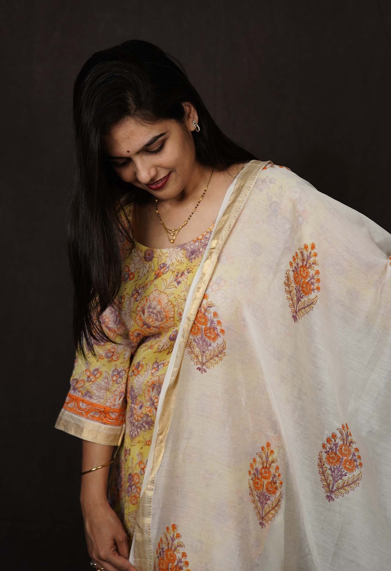 Soft Cotton Yellow Printed With Block Printed Dupatta & Ready to wear Salwar-Kameez