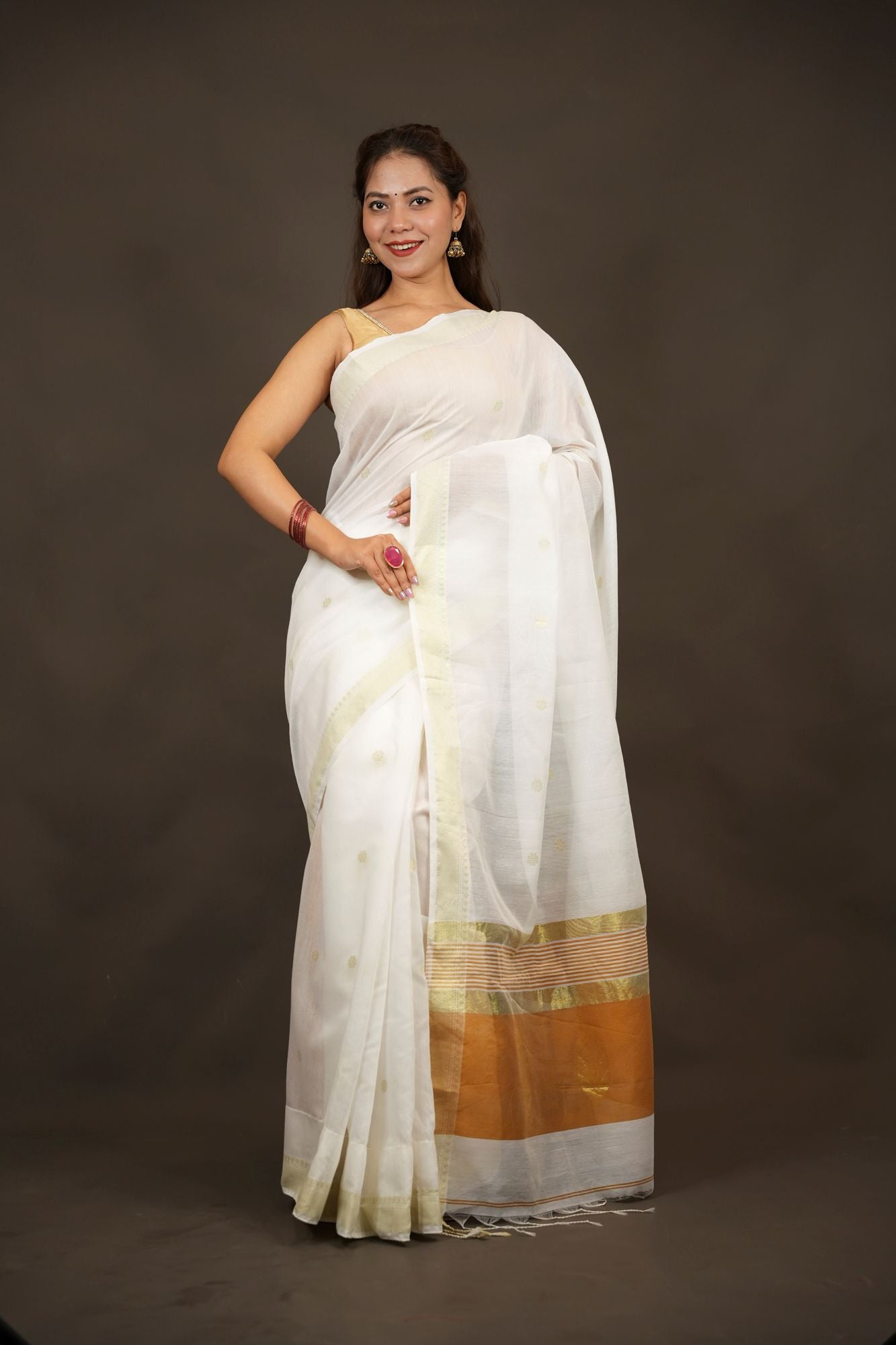 Silk-Cotton with Leaf Motifs and Zari Border Ready To Wear Saree