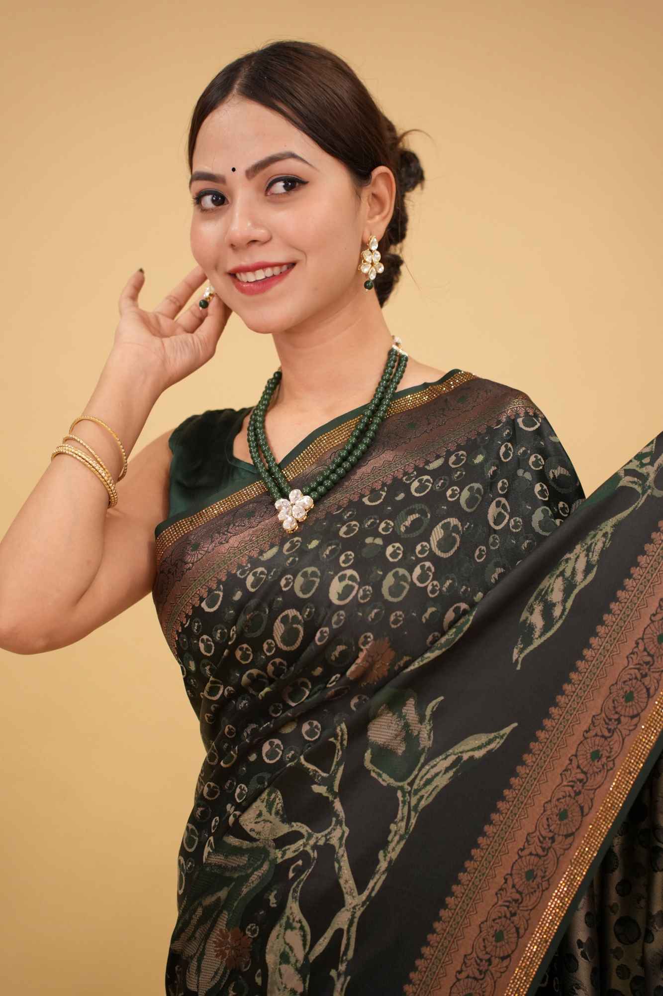 Kanchipuram Bottle Green Overall golden work With Zari Border & Pallu Stone Embellished Wrap in 1 minute saree