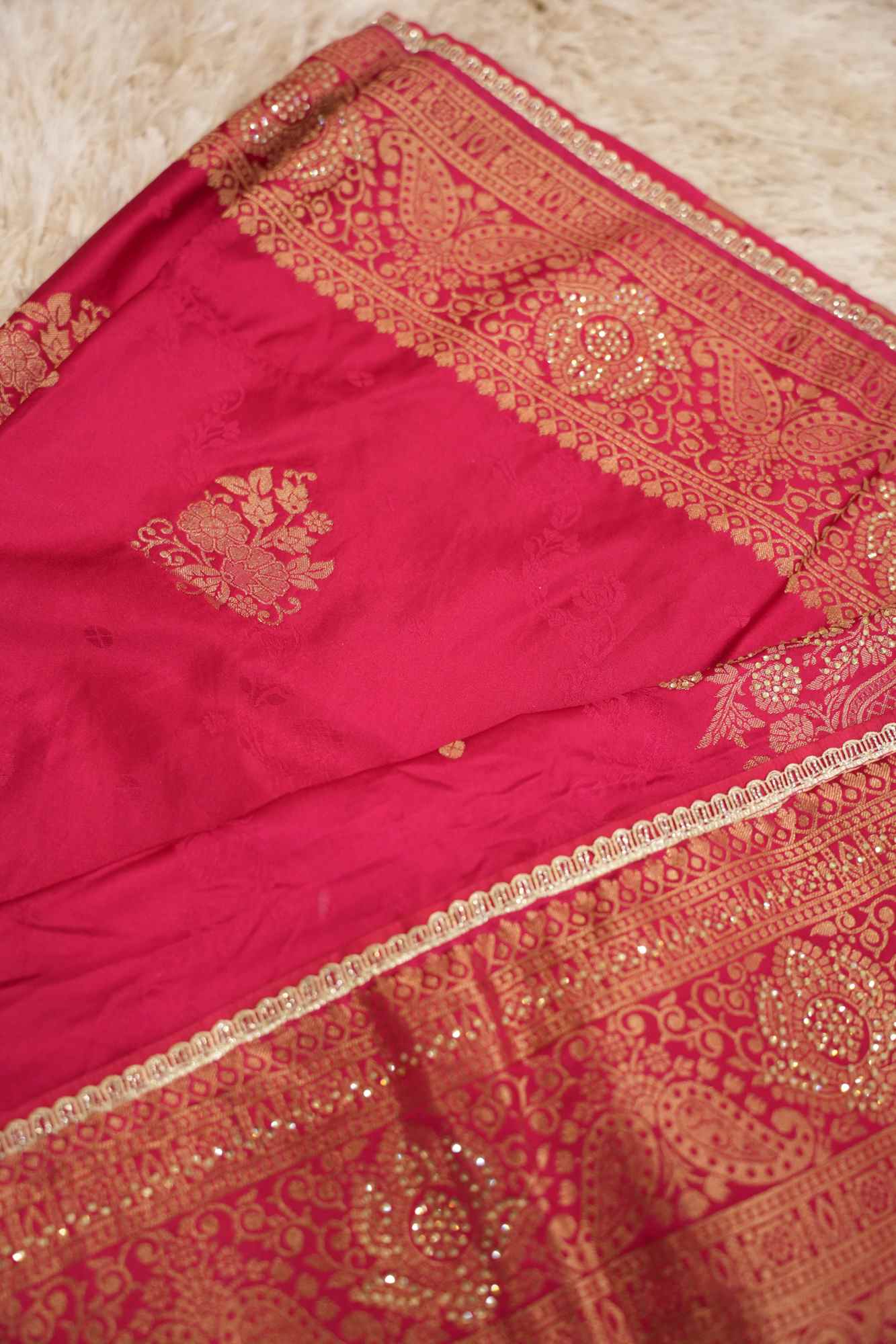 Soft Silk Satin With Zari Floral Motif Woven & Stone Embellished Wrap In ONe Minute Saree