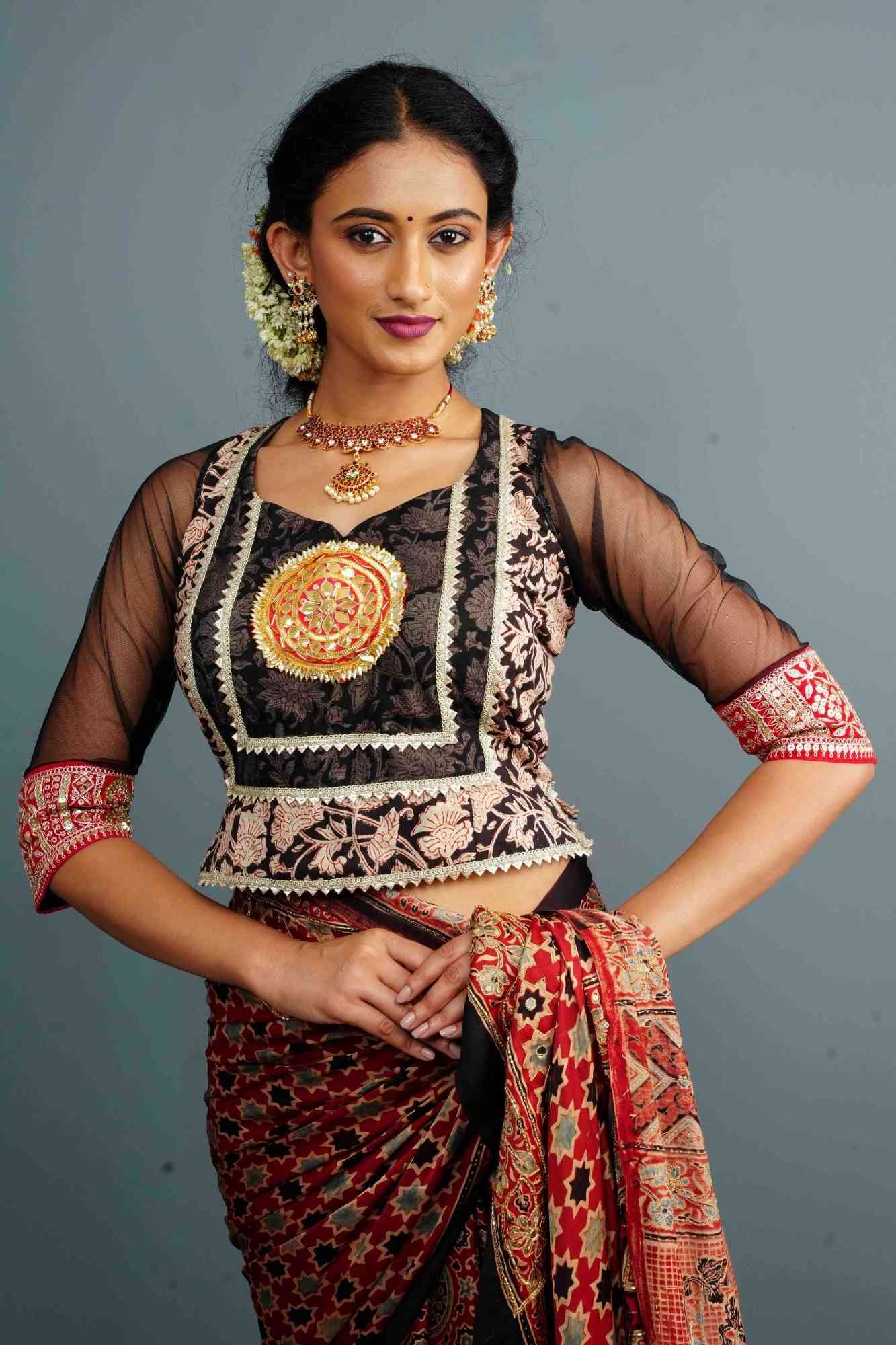 Koti Style Blouse in Black and red with Kalamkamkari Block Print, Net and Gota detailing and backless pattern, Customizable, Made to order!