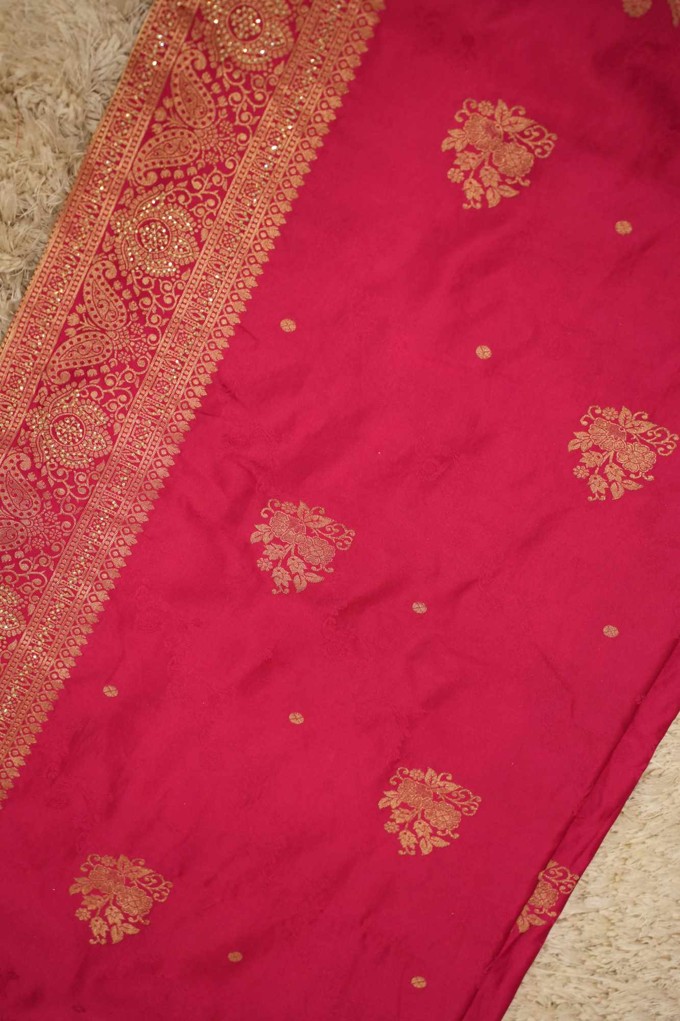 Soft Silk Satin With Zari Floral Motif Woven & Stone Embellished Wrap In ONe Minute Saree