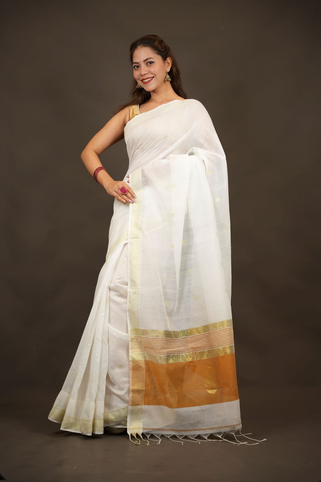 Silk-Cotton with Leaf Motifs and Zari Border Ready To Wear Saree