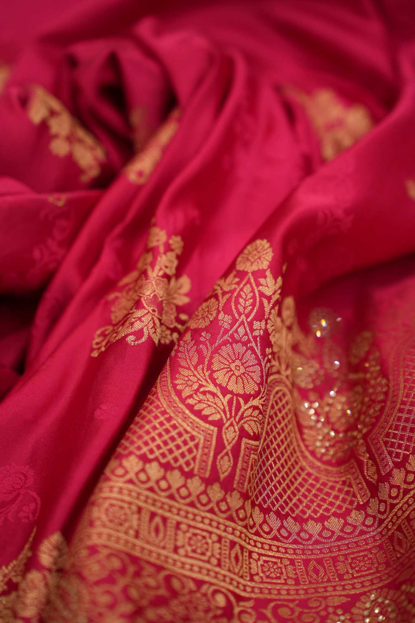 Soft Silk Satin With Zari Floral Motif Woven & Stone Embellished Wrap In ONe Minute Saree