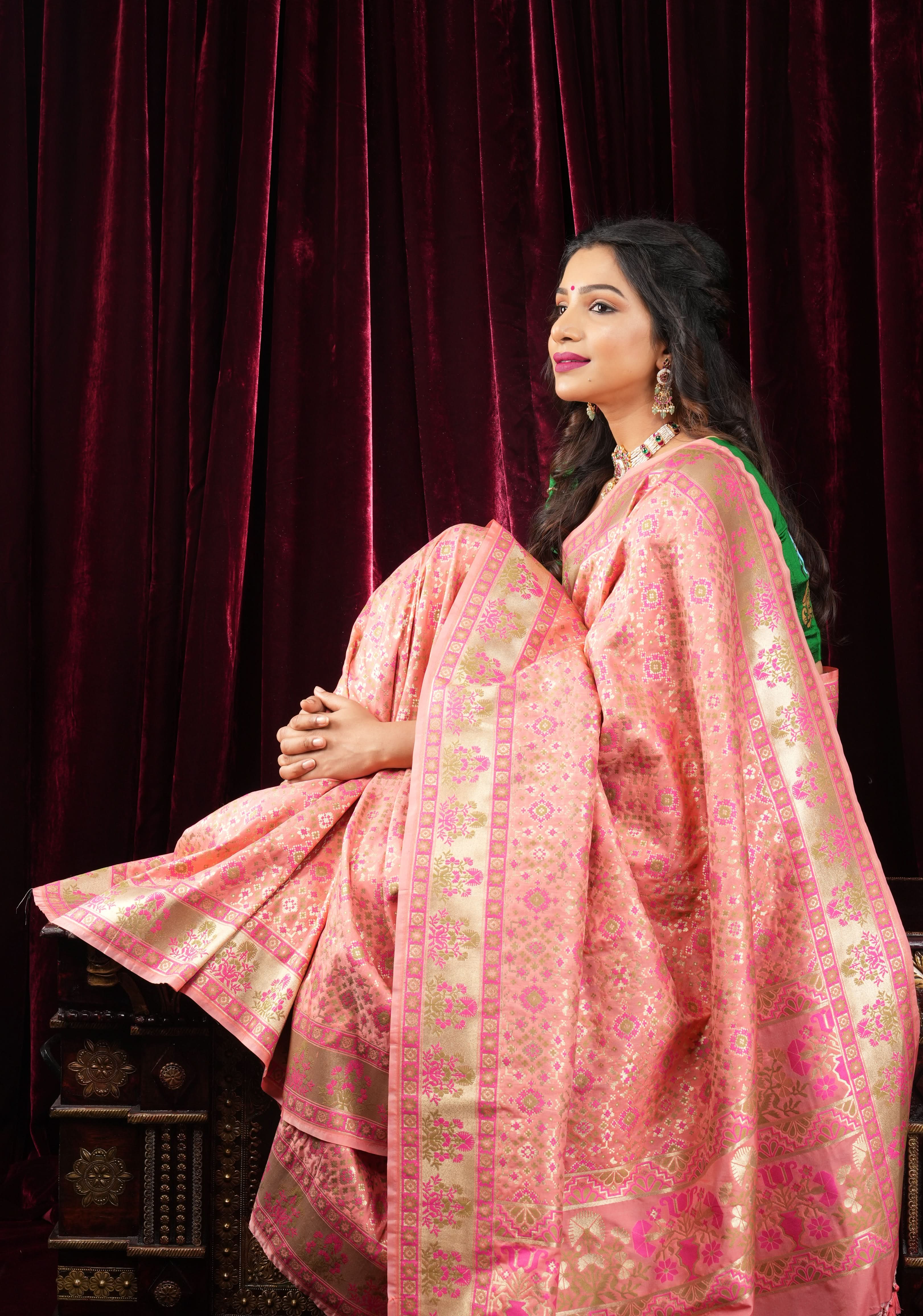 Exquisite Coral Pink Semi Silk Saree with Patola Ikkat Meenakari Zari Border and Pallu Ready to wear saree