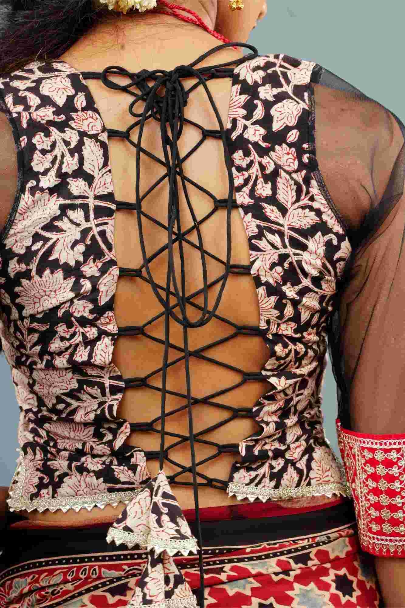 Koti Style Blouse in Black and red with Kalamkamkari Block Print, Net and Gota detailing and backless pattern, Customizable, Made to order!