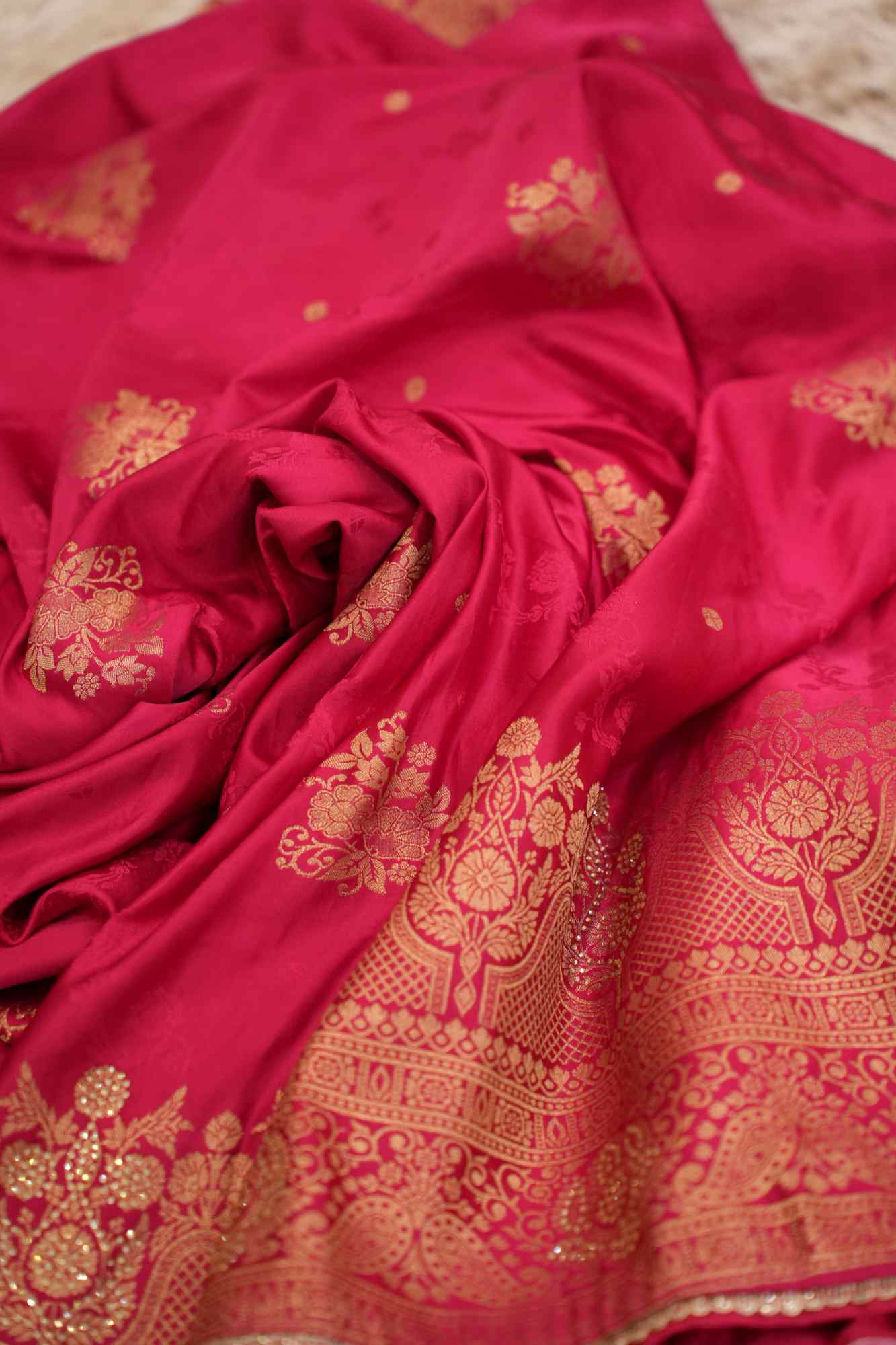 Soft Silk Satin With Zari Floral Motif Woven & Stone Embellished Wrap In ONe Minute Saree