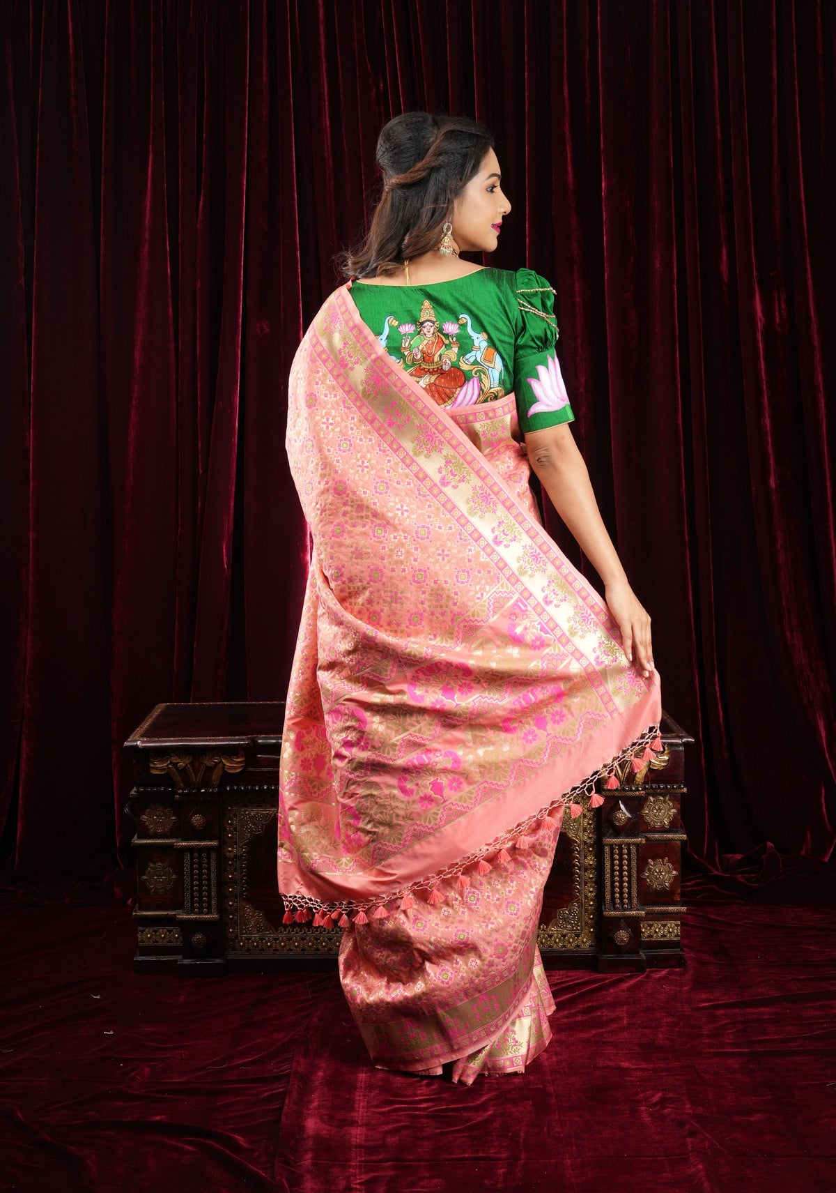 Exquisite Coral Pink Semi Silk Saree with Patola Ikkat Meenakari Zari Border and Pallu | SHOBITAM