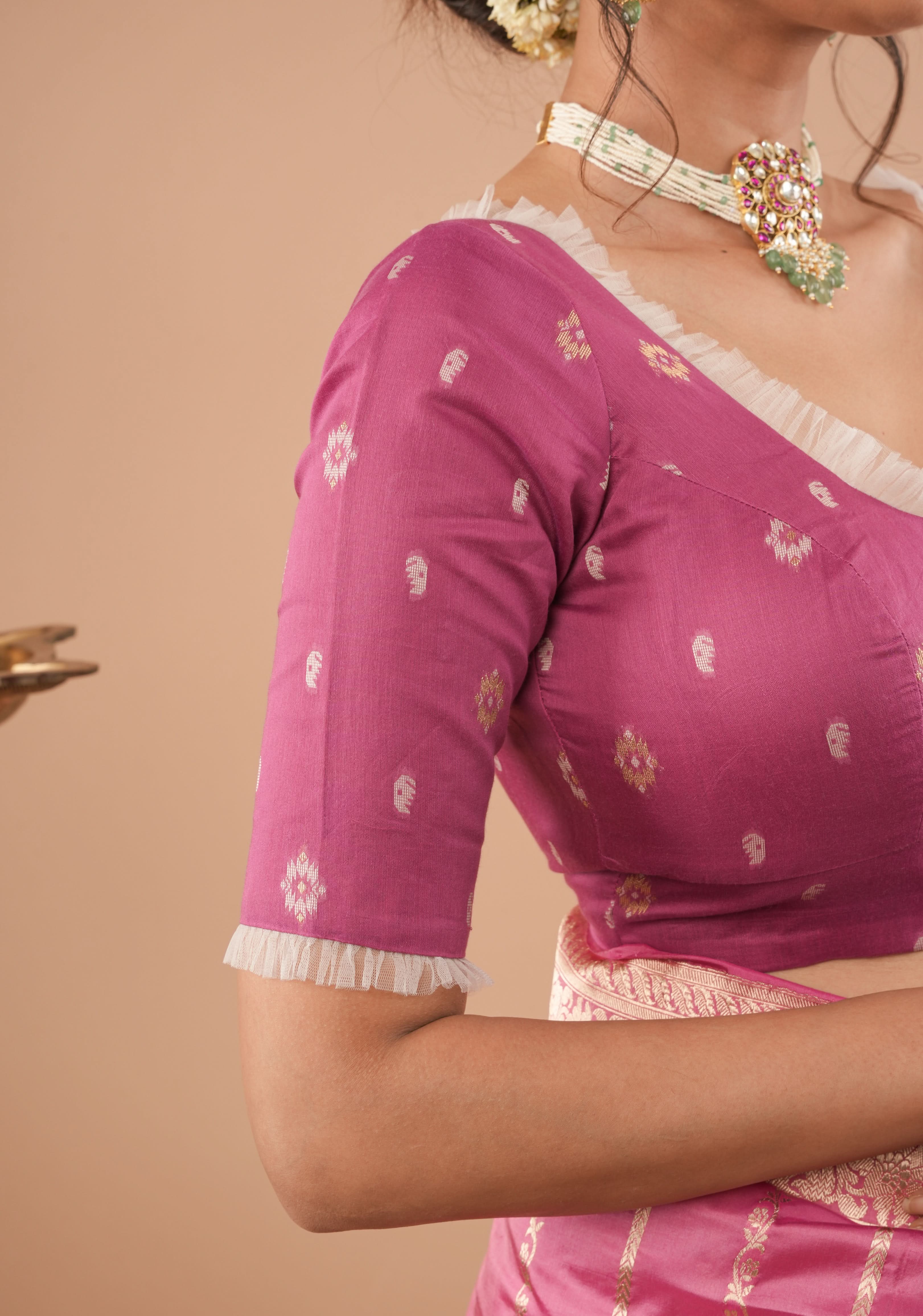 Strawberry Pink Jamdani style cotton blouse with frill detailing, Customizable, Made to Order