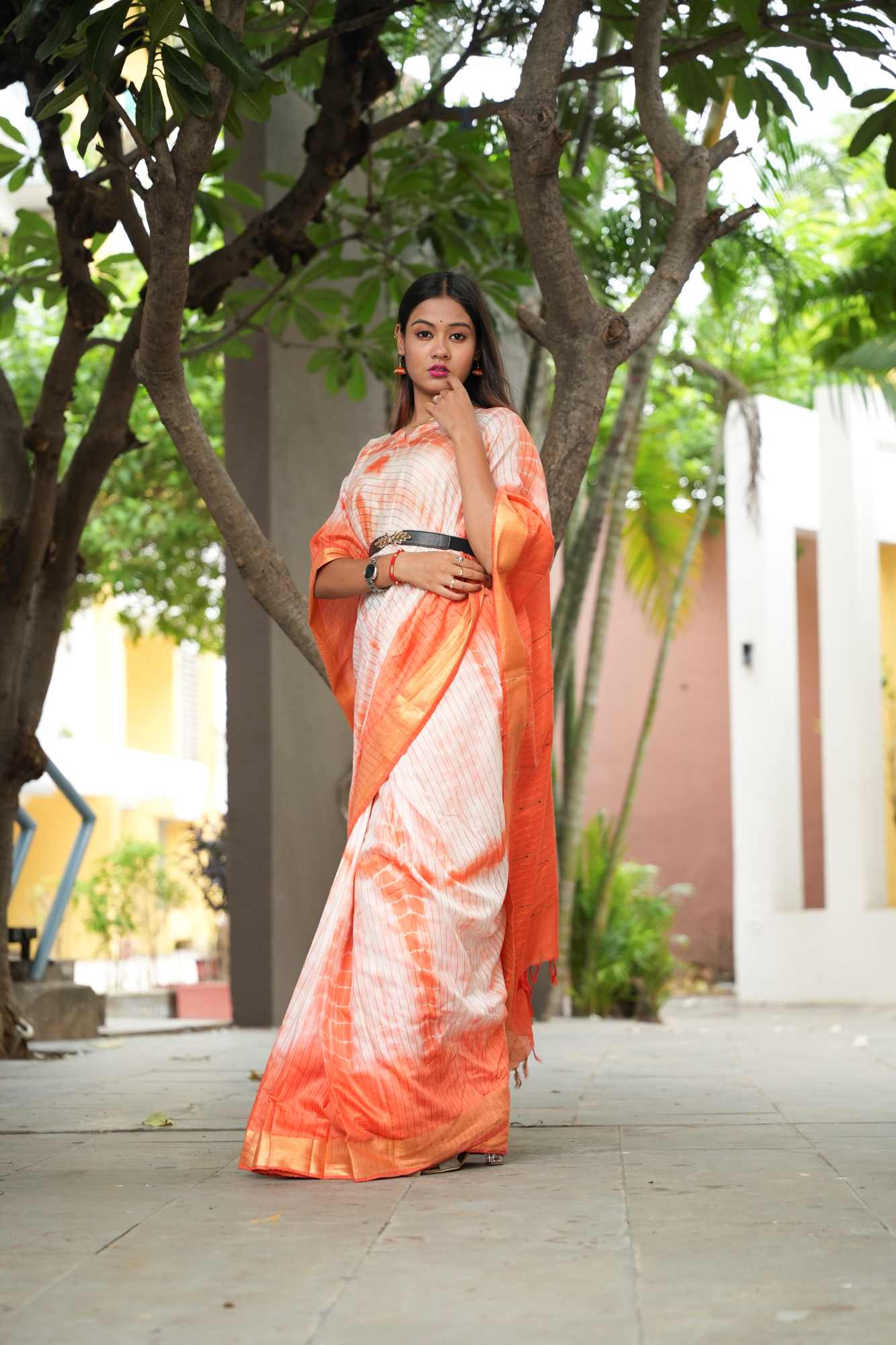 Orange Shibori Bhagalpuri Cotton Silk Kaftan with Zari and Sequin Highlights Ready To Wear Saree