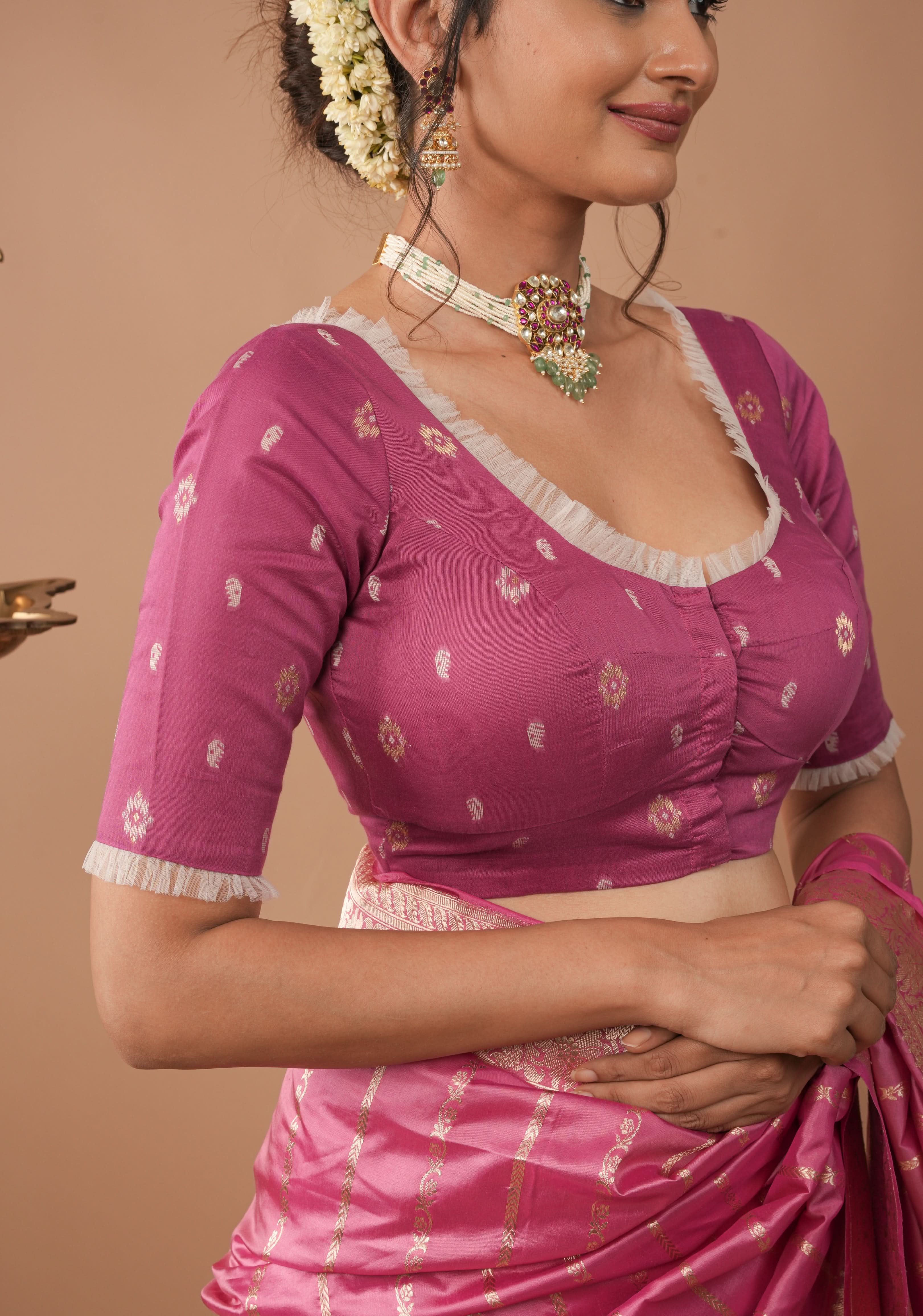 Strawberry Pink Jamdani style cotton blouse with frill detailing, Customizable, Made to Order