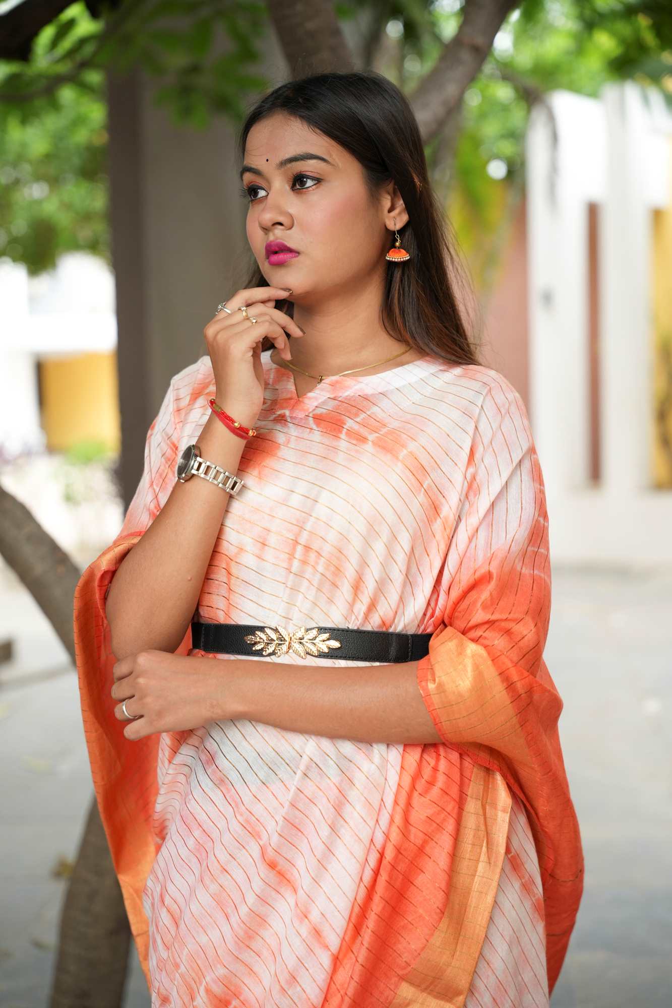 Orange Shibori Bhagalpuri Cotton Silk Kaftan with Zari and Sequin Highlights Ready To Wear Saree