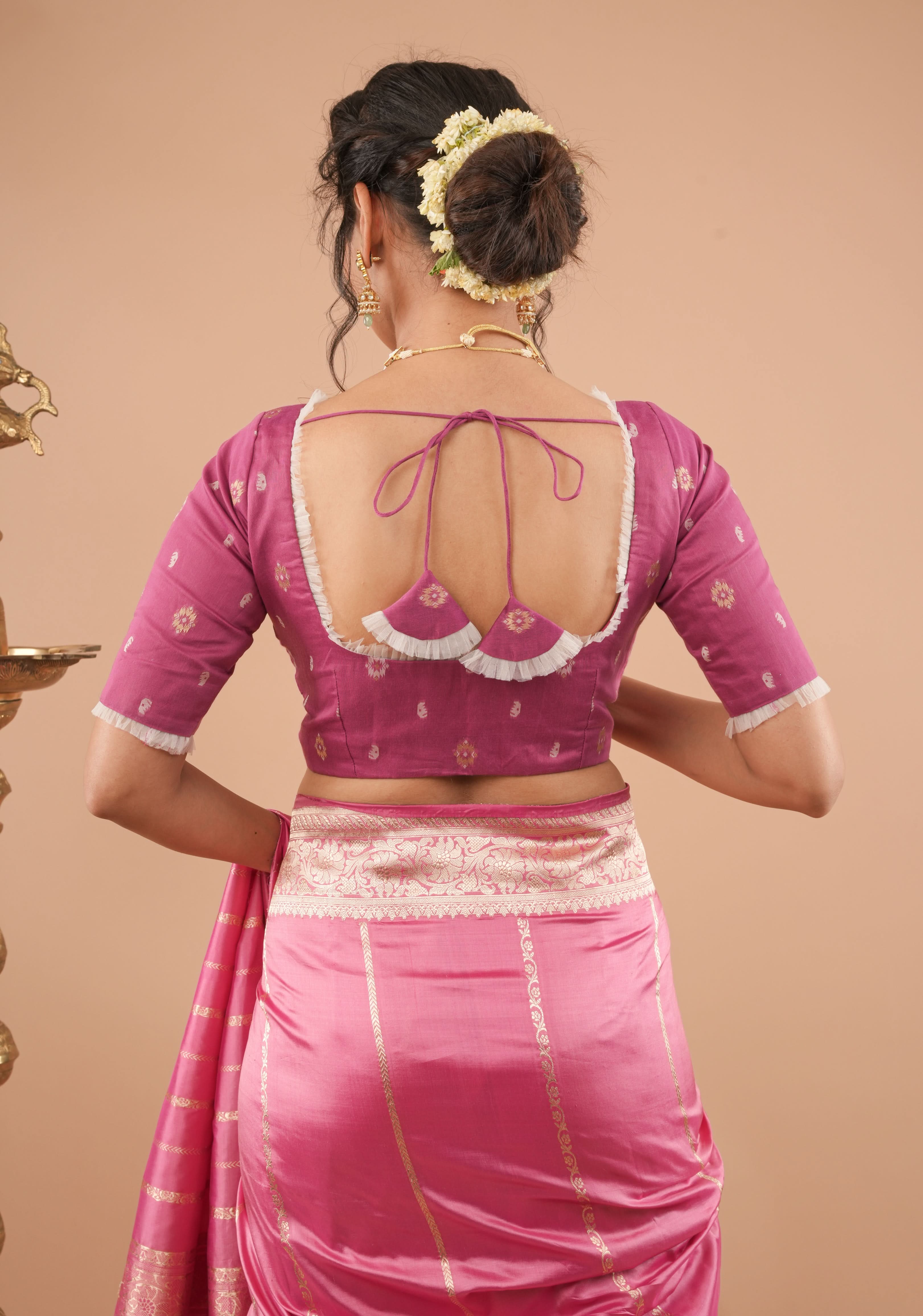 Strawberry Pink Jamdani style cotton blouse with frill detailing, Customizable, Made to Order