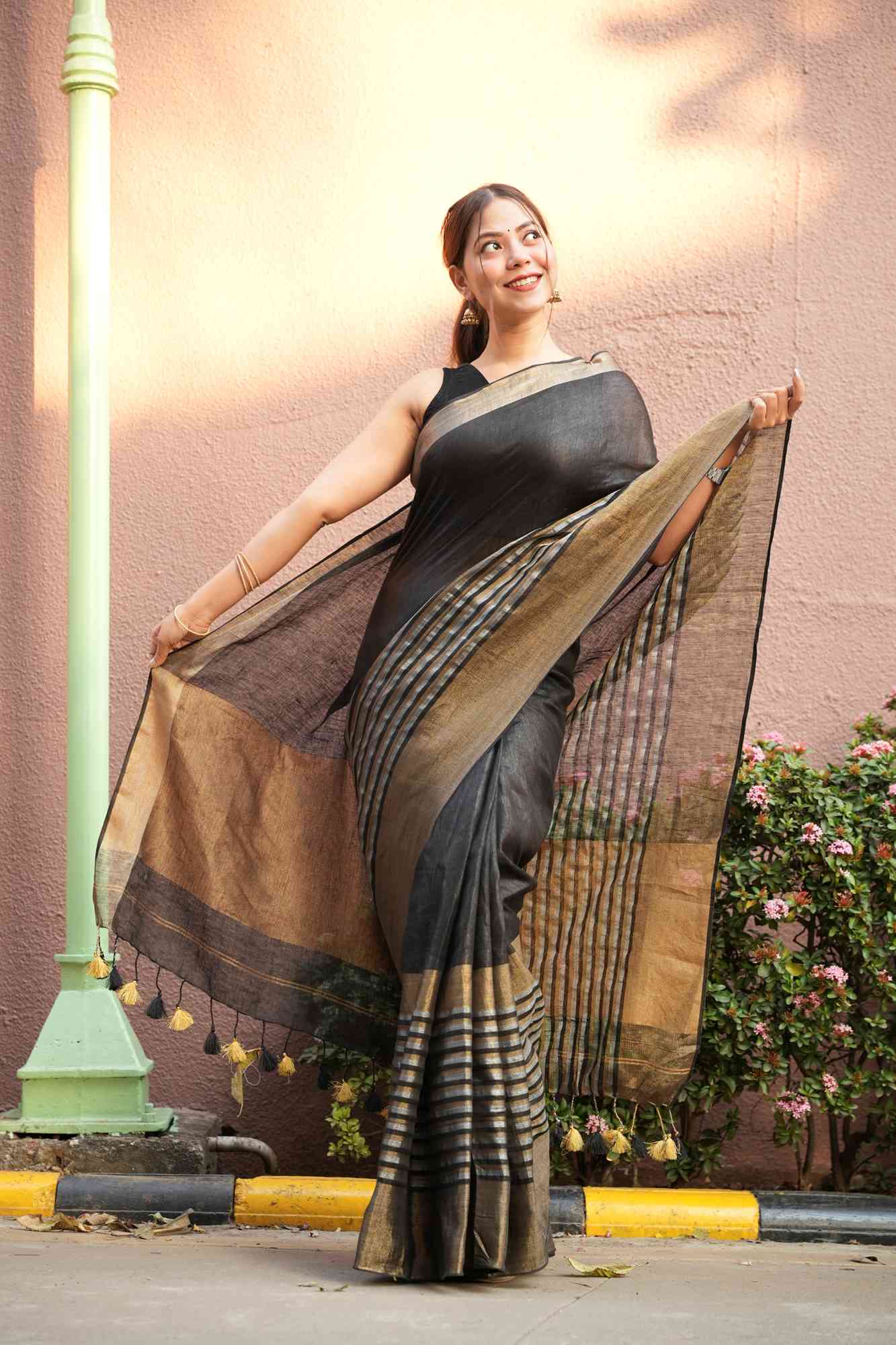 Tissue Silk With Goldan Contrast Border Ready To Wear Saree