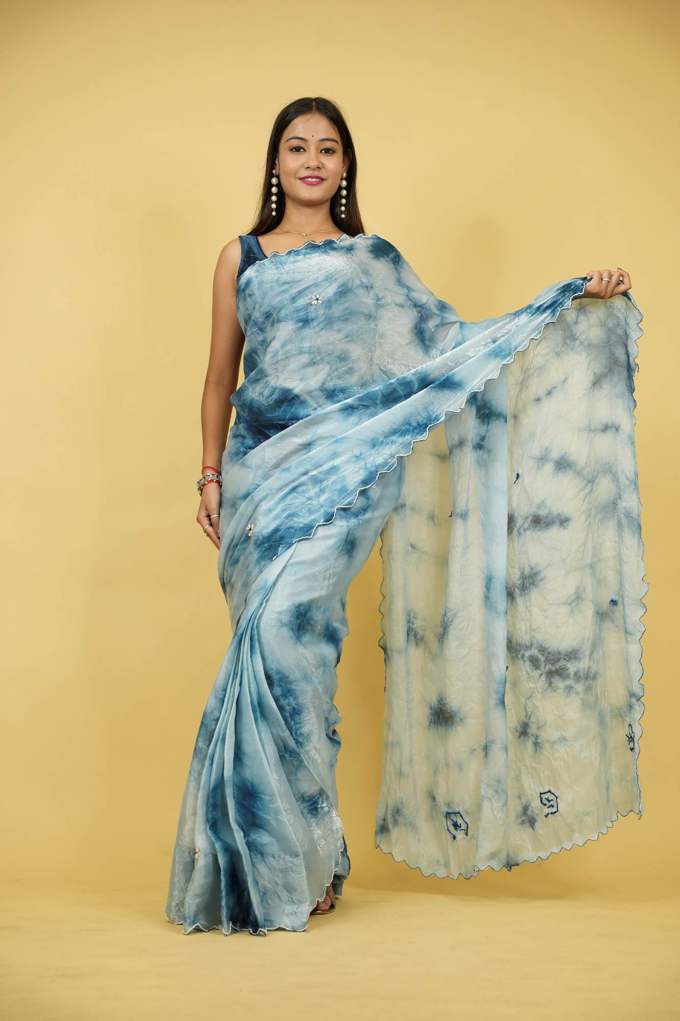 Light & Navy Blue Organza with Tie-Dye Effect, White Embroidery & Scalloped Border Ready To Wear Saree