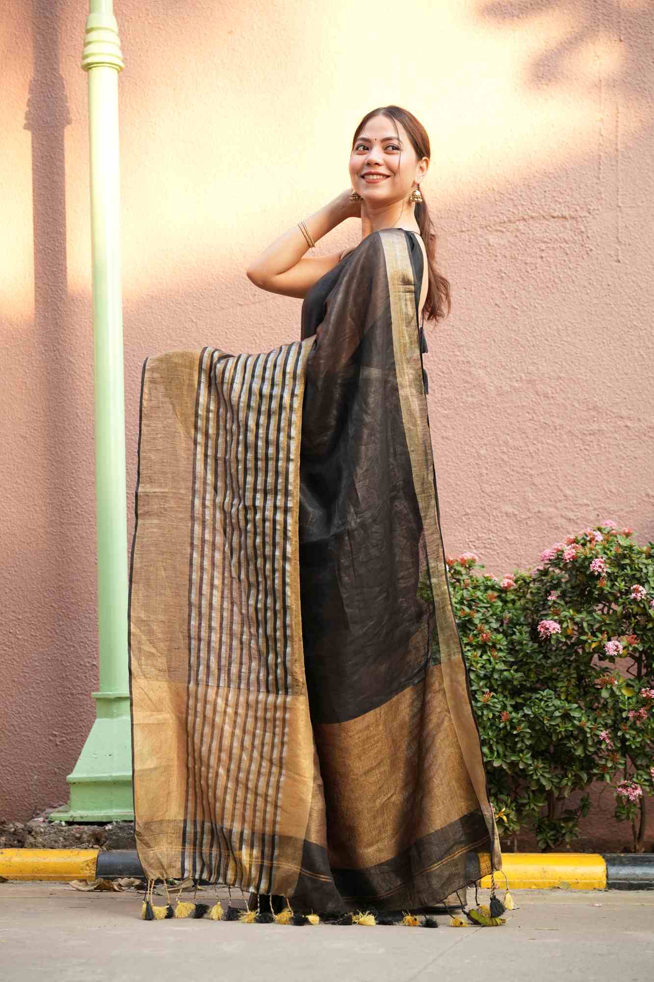 Tissue Silk With Goldan Contrast Border Ready To Wear Saree