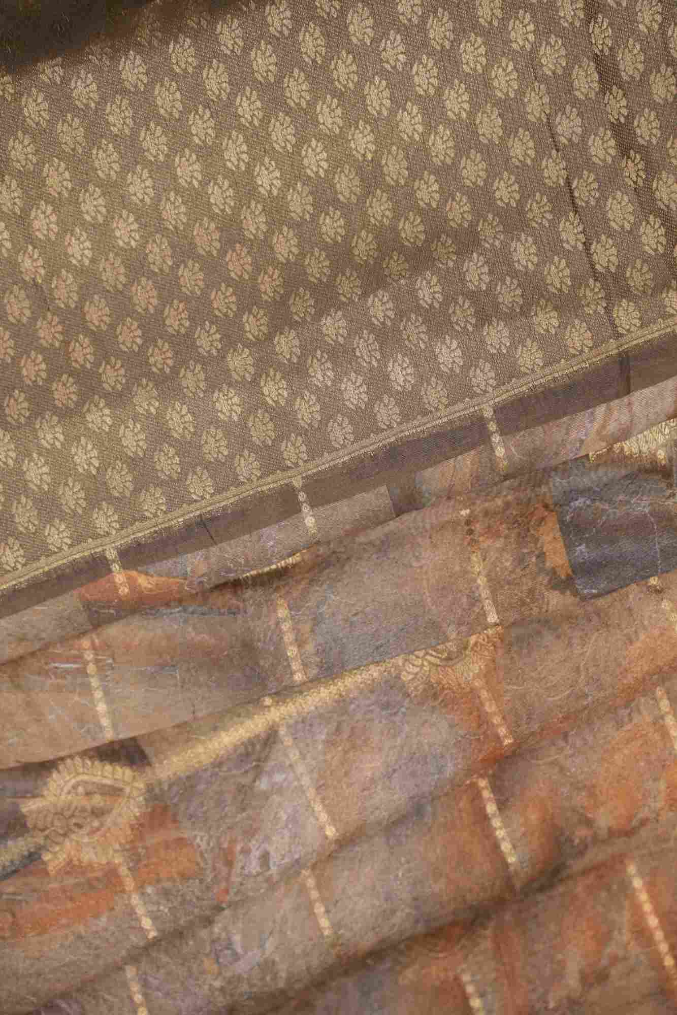 Elegant Grey kanjivaram Tissue Silk Overall Printed With Zari Border & Pallu Stone Embellished Wrap in 1 minute saree