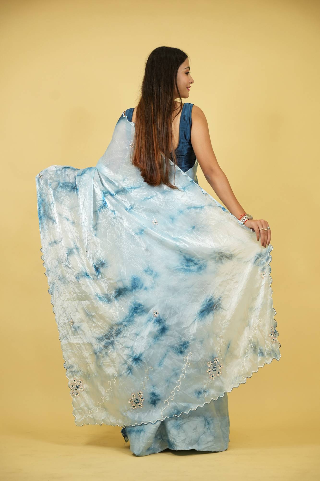 Light & Navy Blue Organza with Tie-Dye Effect, White Embroidery & Scalloped Border Ready To Wear Saree