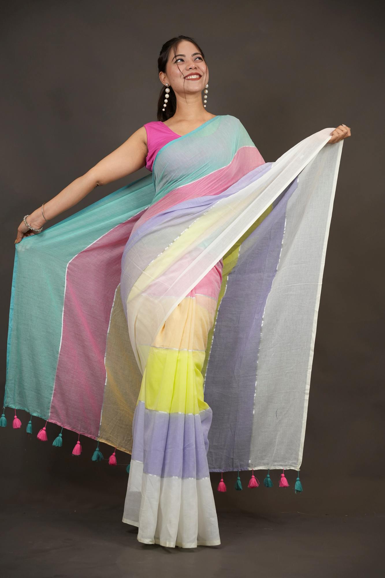 Pastel Mul Cotton with Multicolor Tassel Border Ready To Wear Saree