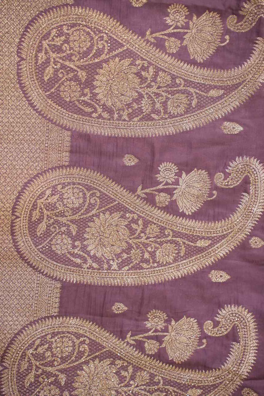 Beautiful Muave Soft Silk Zari Buttas Overall With Ornate Palla & Bordered Pre Drape Saree