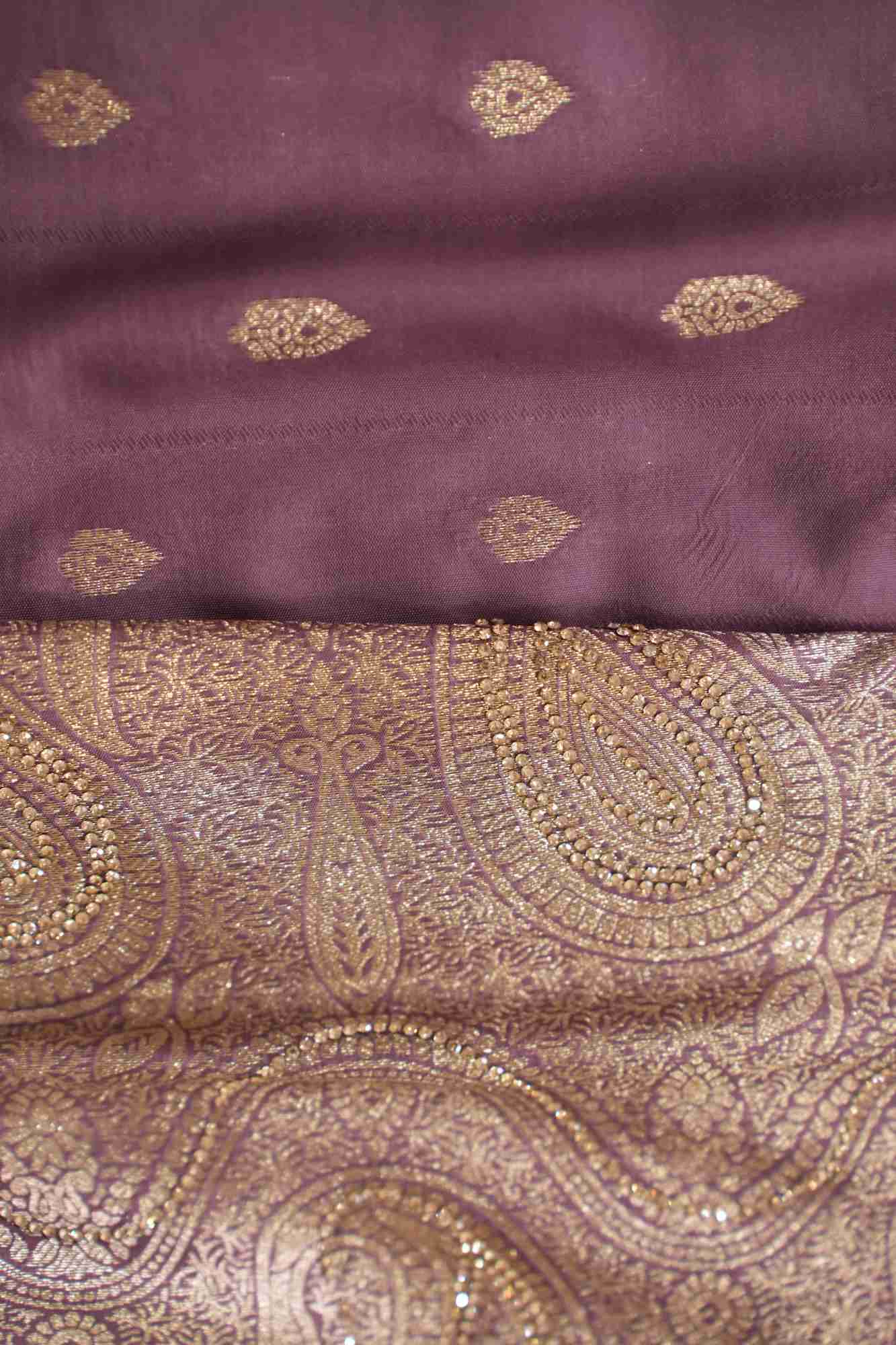 Beautiful Muave Soft Silk Zari Buttas Overall With Ornate Palla & Bordered Pre Drape Saree