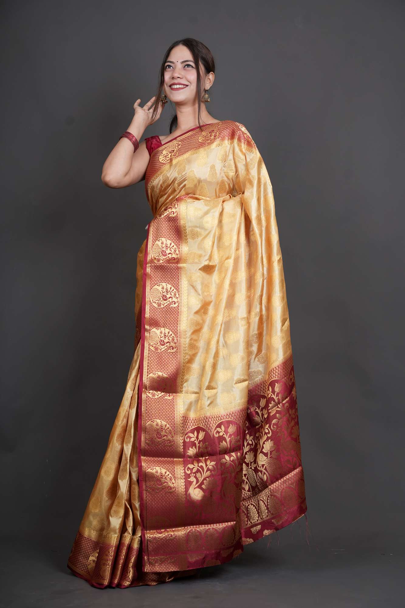 South Silk with Contrast Border Zari Work Ready To Wear Saree
