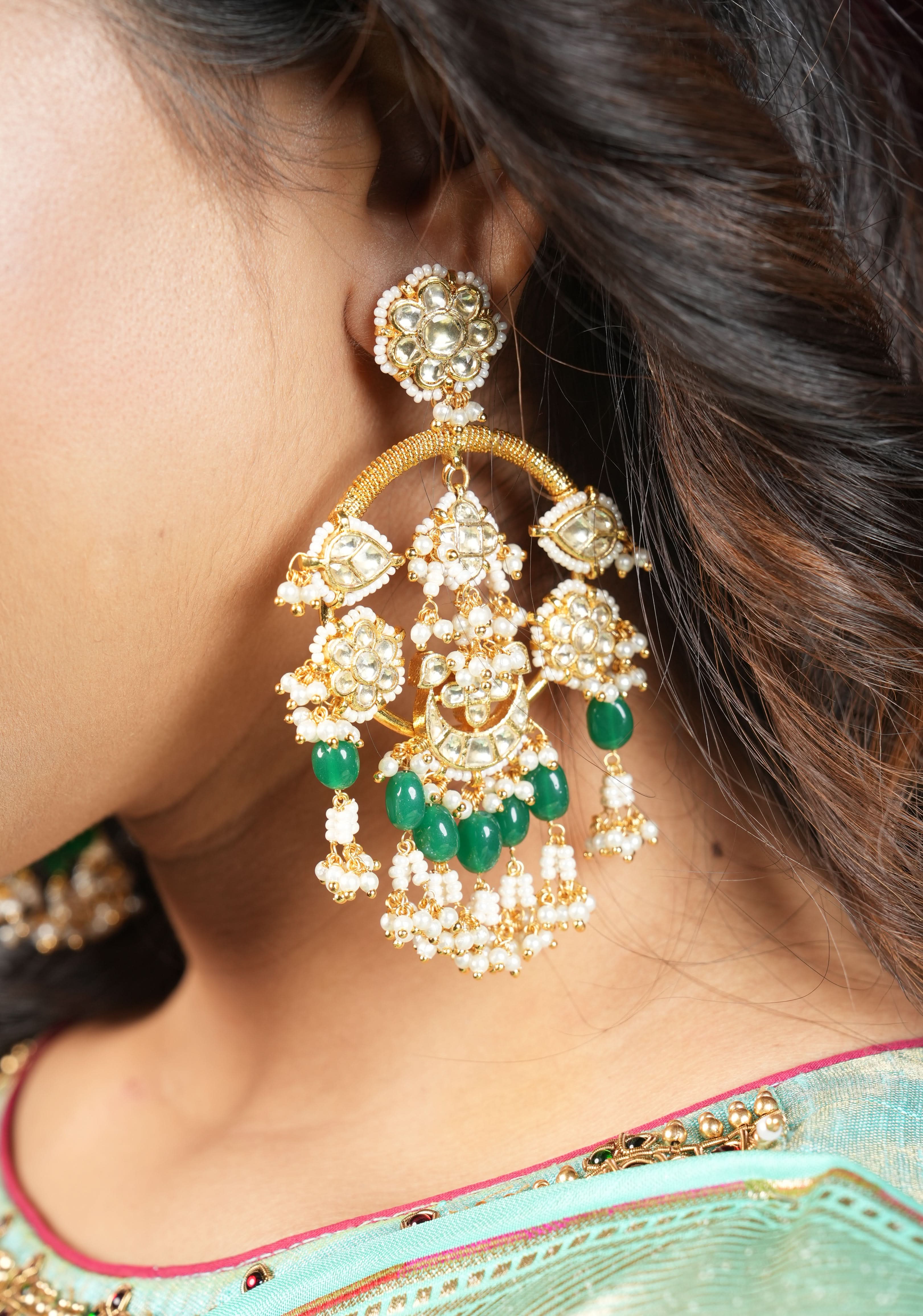 Jadau Chandbali Earrings with White Dainty Kundan stones and Green dangling beads | Shobitam Jewelry