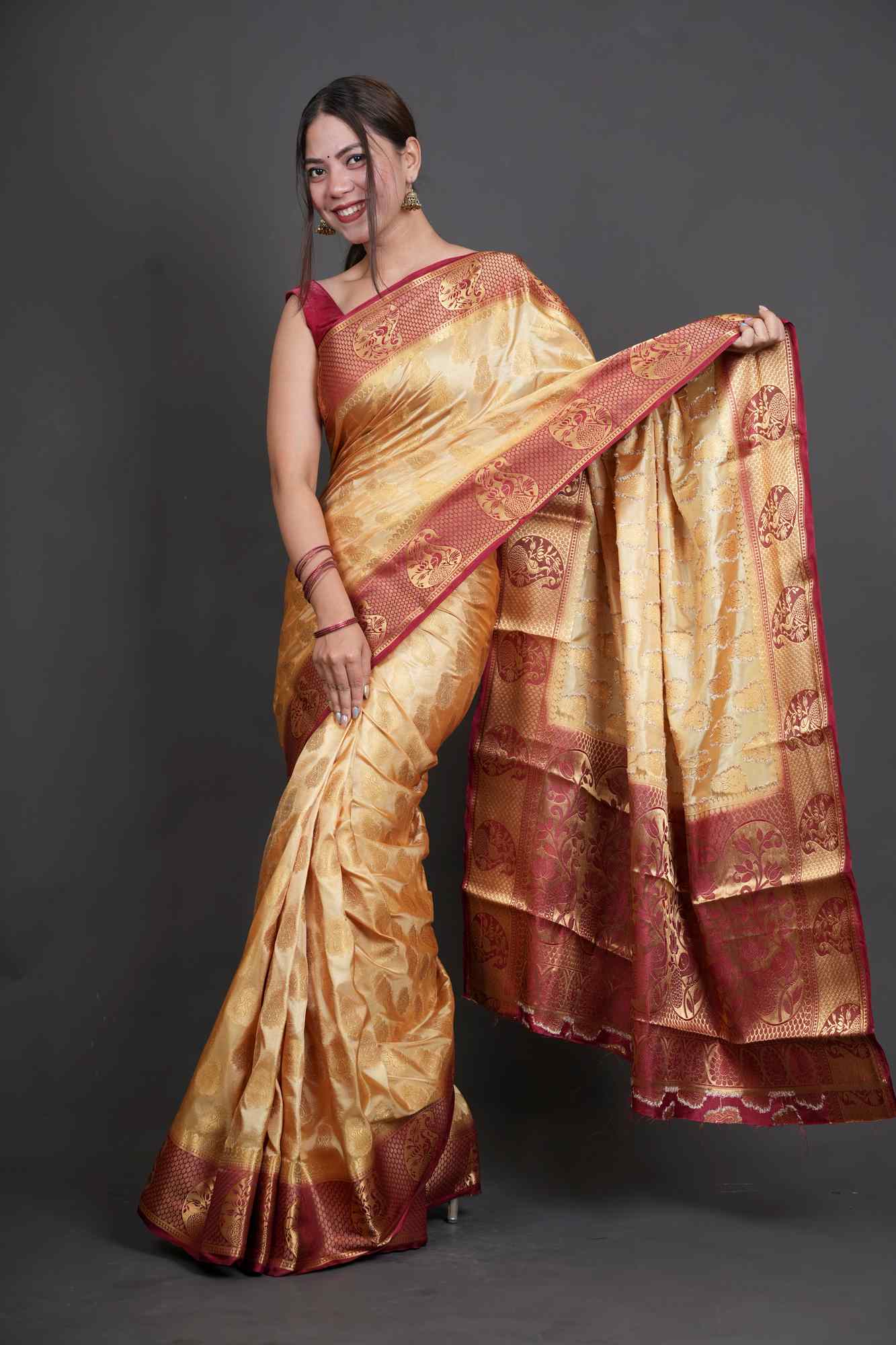South Silk with Contrast Border Zari Work Ready To Wear Saree