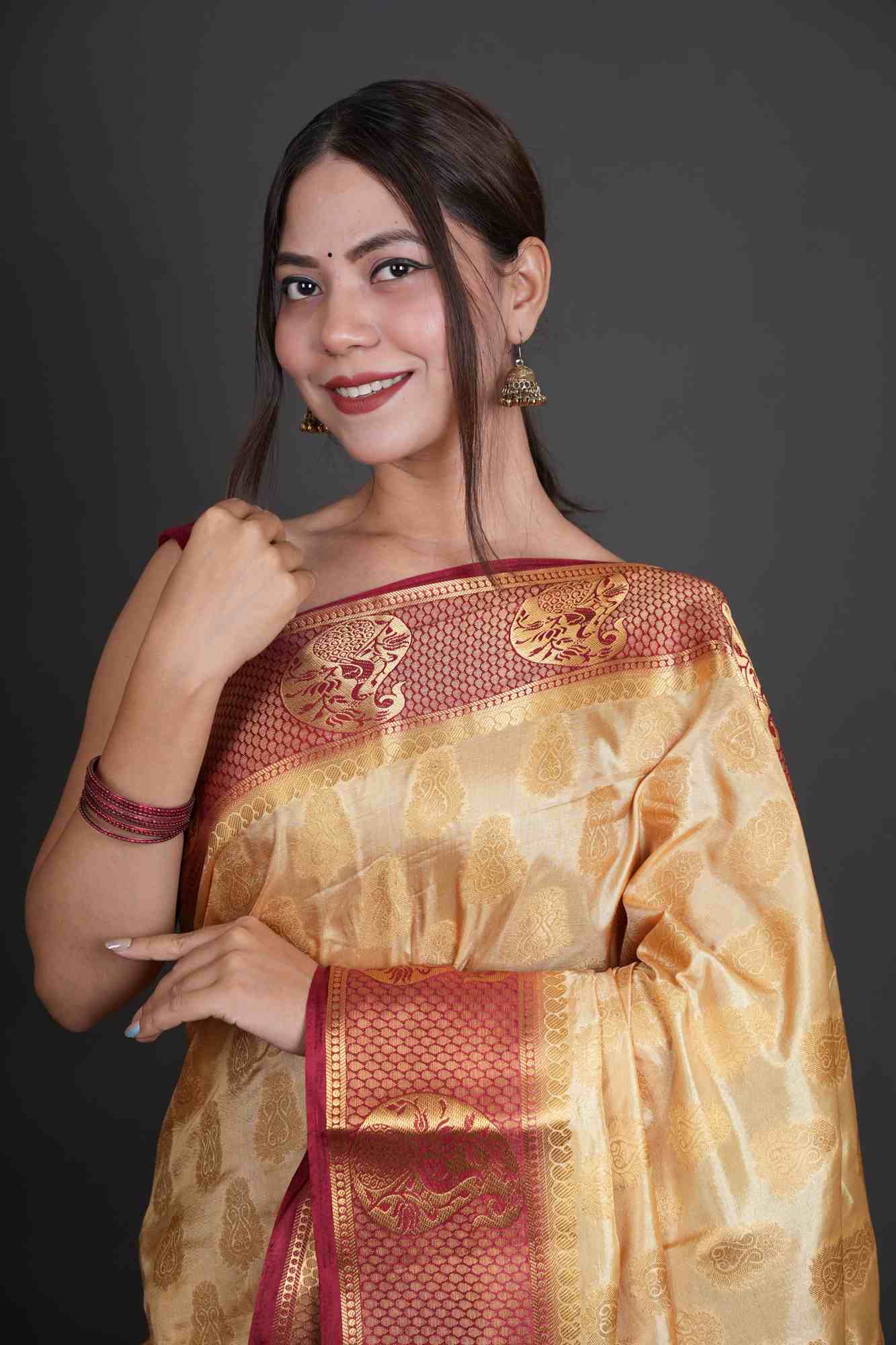 South Silk with Contrast Border Zari Work Ready To Wear Saree