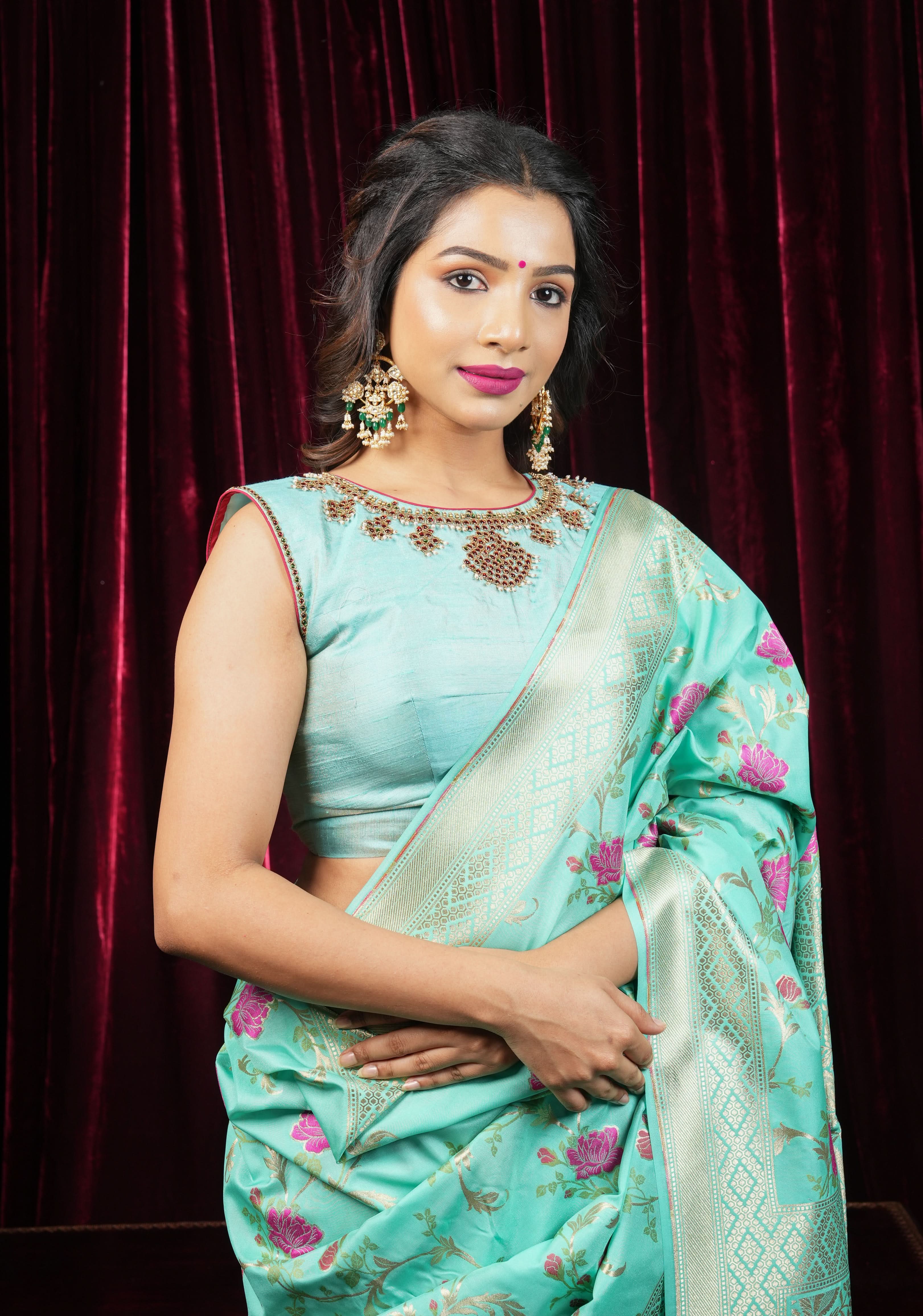 Mint Pure Raw Silk Blouse with Temple Jewelry Necklace Handwork detailing | Shobitam